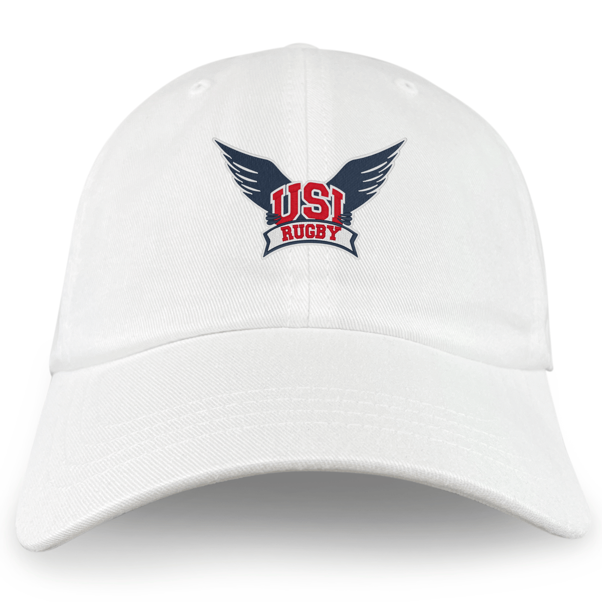 The EMB S&S Activewear University of Southern Indiana Adult Low-Profile Cotton Twill Dad Cap features embroidered team branding with a winged "USI Rugby" logo in red, navy, and white on the front.