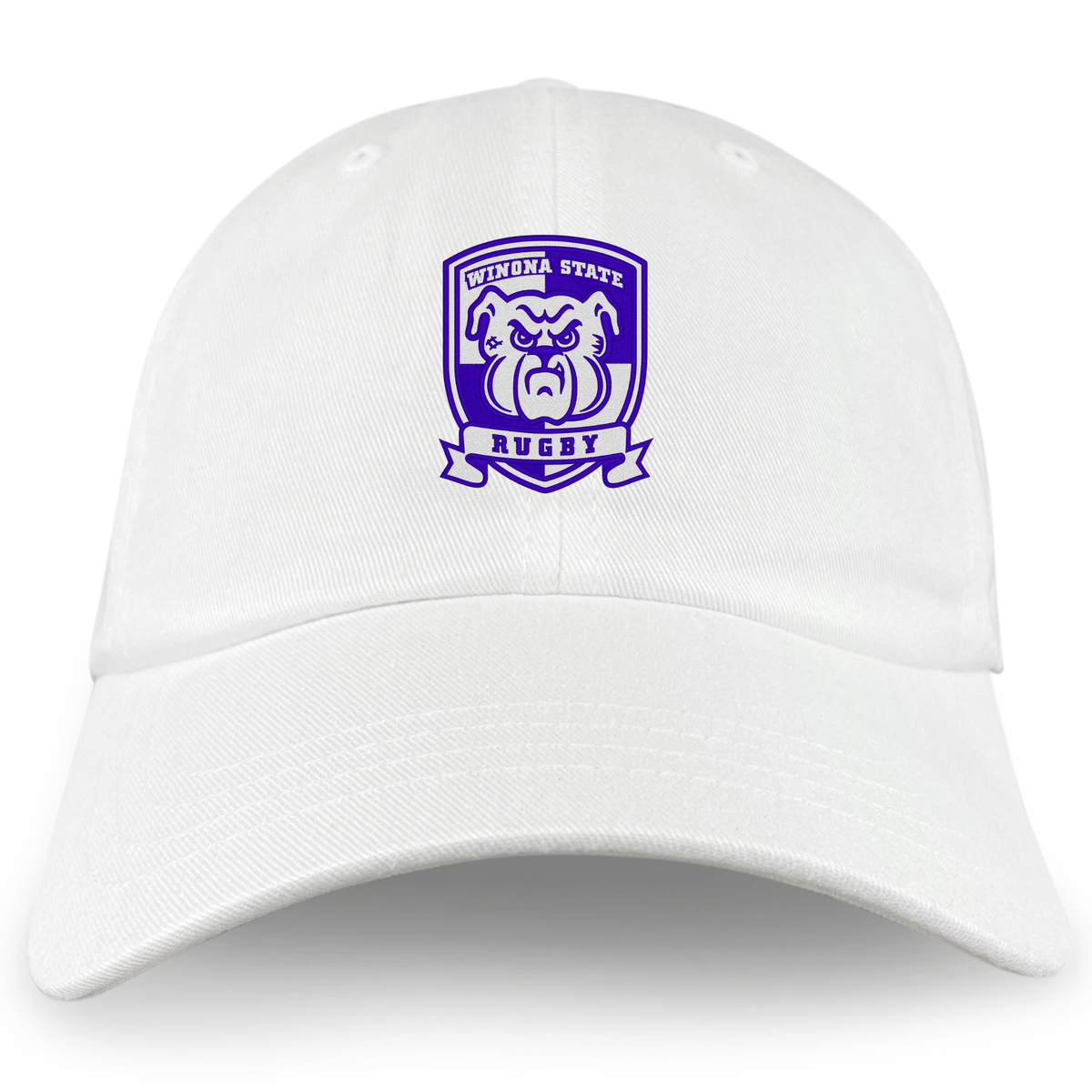 The EMB S&S Activewear Winona State University Adult Low-Profile Cotton Twill Dad Cap features a white design and a purple Winona State Rugby bulldog logo on the front, ideal for team branding.