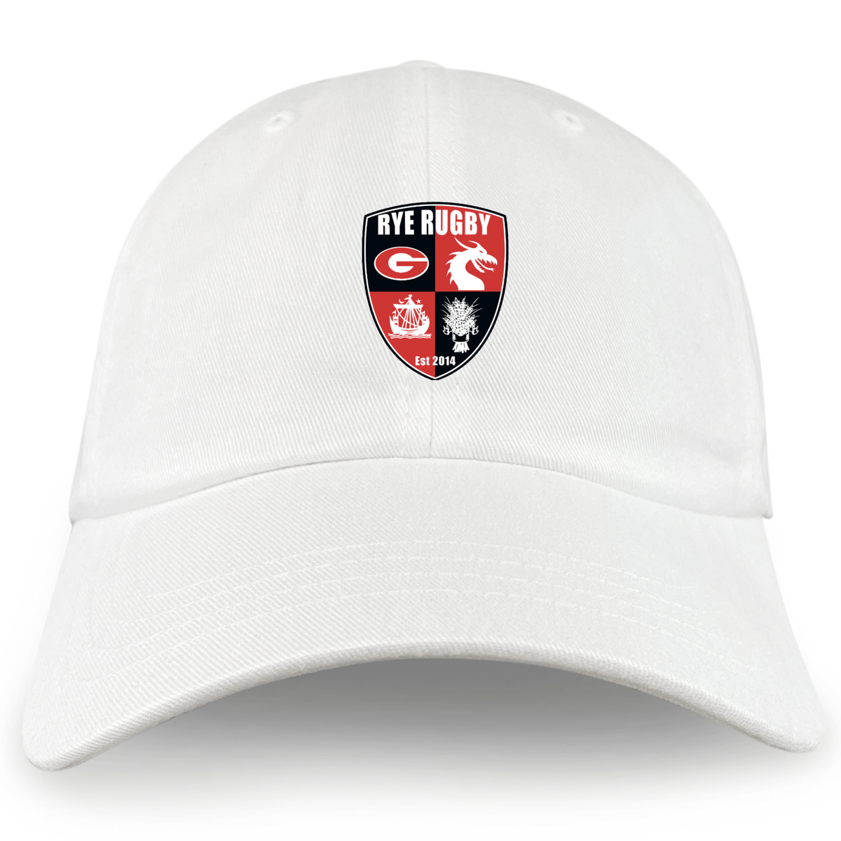 The Rye High School Rugby Adult Low-Profile Cotton Twill Dad Cap by EMB S&S Activewear features red, black, and white panels plus embroidered animal symbols and team branding on the front.