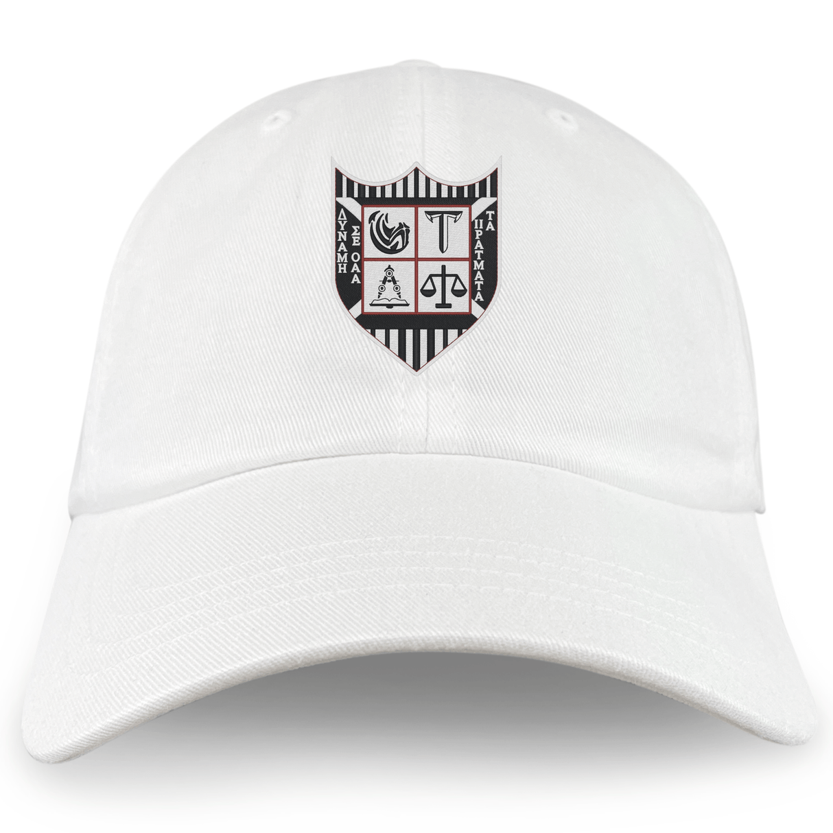 The Troy University Rugby Adult Low-Profile Cotton Twill Dad Cap by EMB S&S Activewear features team embroidery with a black and white striped crest, various symbols, and vertical text on the front.