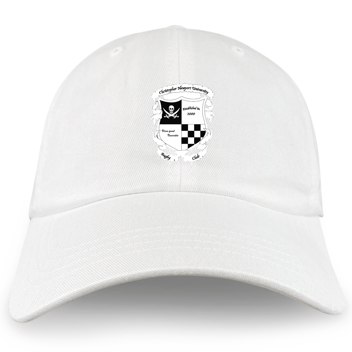 The EMB S&S Activewear Rugby Football Club at Christopher Newport University Dad Cap is a white cotton twill hat with an embroidered black-and-white crest, pirate flag, text, and checkered design on the front center.