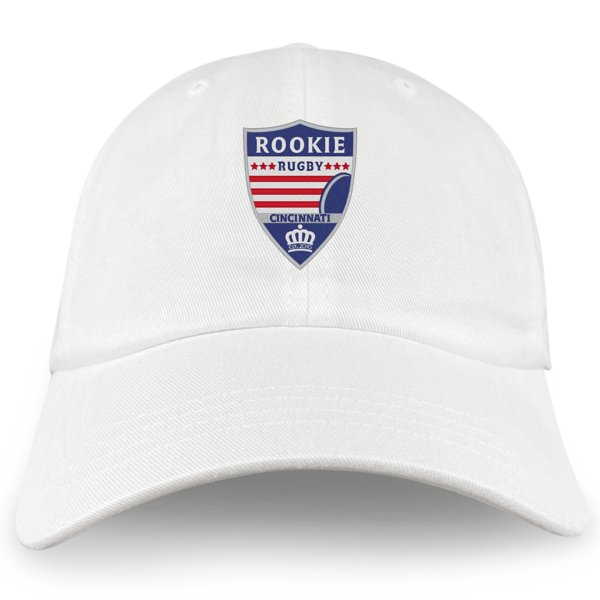 The EMB S&S Activewear Cincinnati Rookie Rugby Adult Low-Profile Cotton Twill Dad Cap features an embroidered red, white, and blue shield logo with a crown.