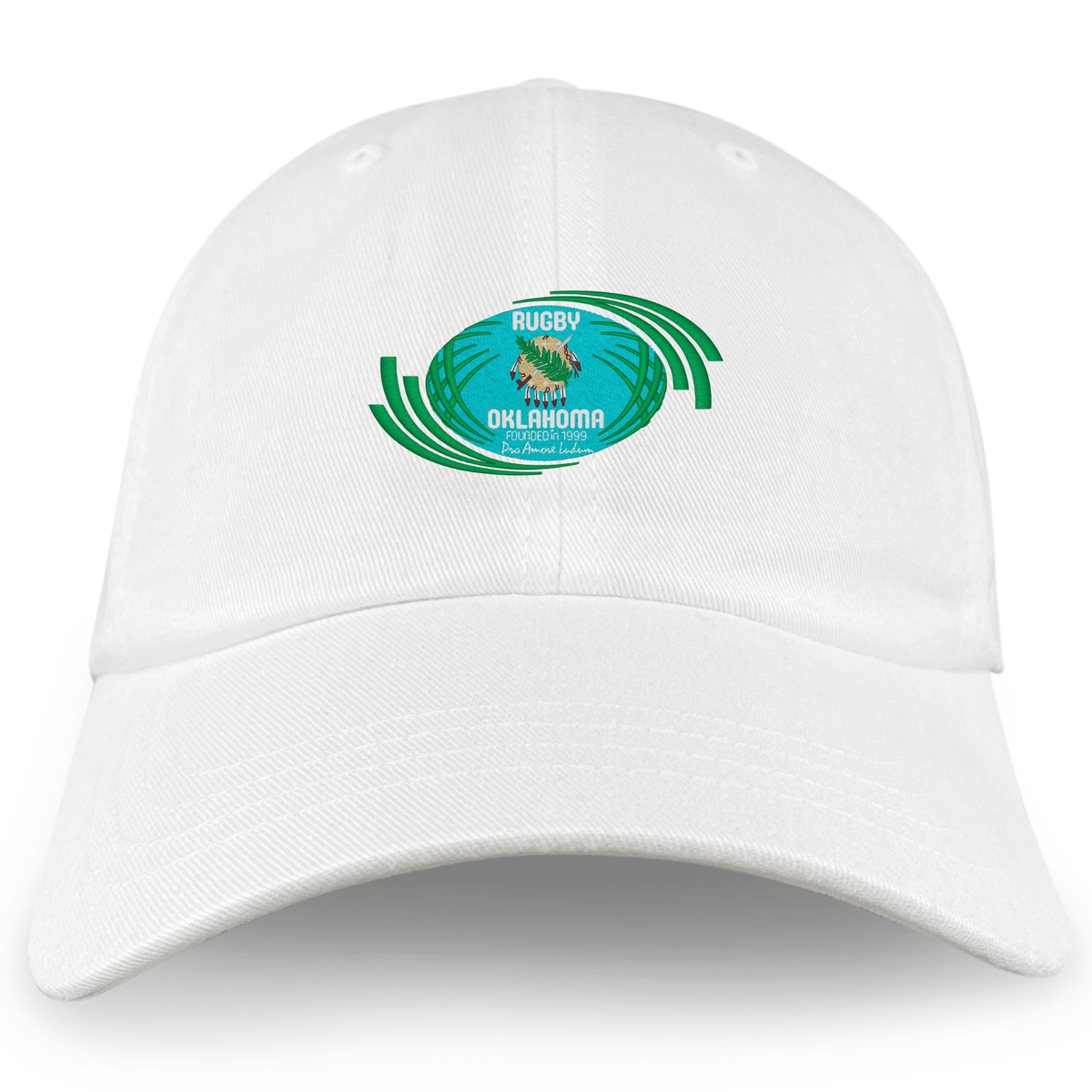 The Rugby Oklahoma Adult Low-Profile Cotton Twill Dad Cap by EMB S&S Activewear features green-accented "Rugby Oklahoma" embroidery on the front.
