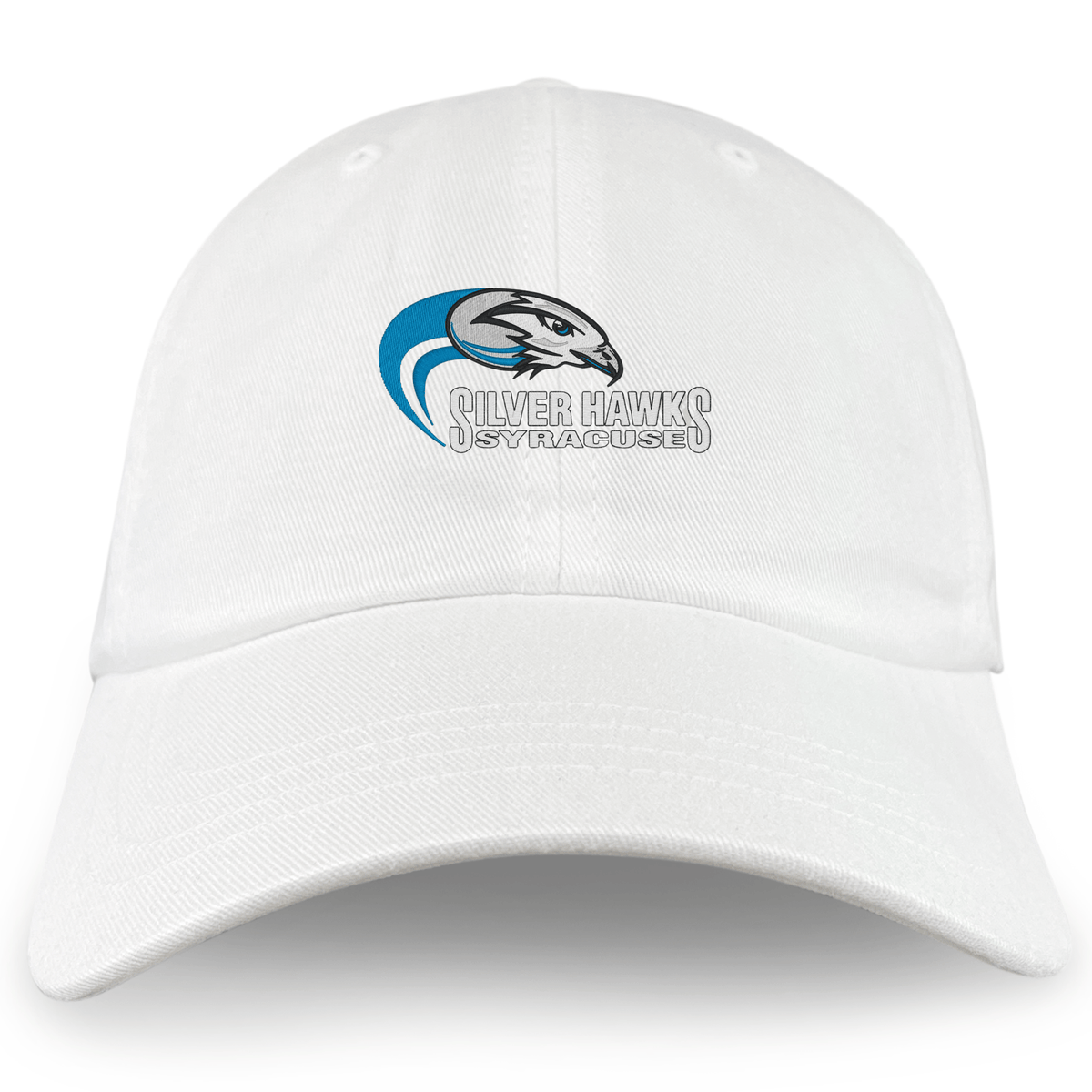 The EMB S&S Activewear Syracuse Silver Hawks Adult Low-Profile Cotton Twill Dad Cap features an embroidered stylized hawk logo and "Silver Hawks Syracuse" text on the front.