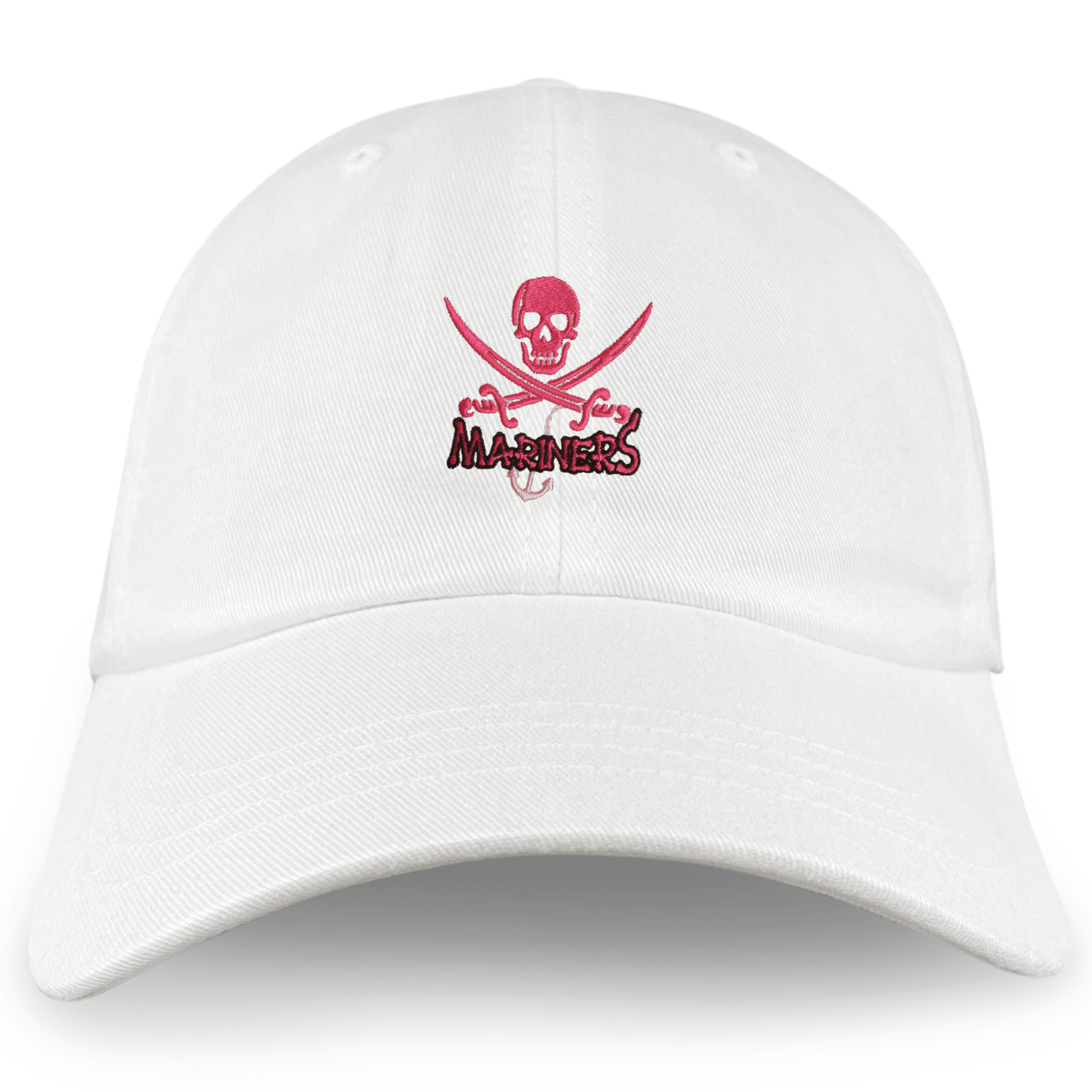 The SUNY Maritime Adult Low-Profile Cotton Twill Dad Cap by EMB S&S Activewear features a white cotton twill build with an embroidered red skull and crossbones and “Mariners” text on the front.