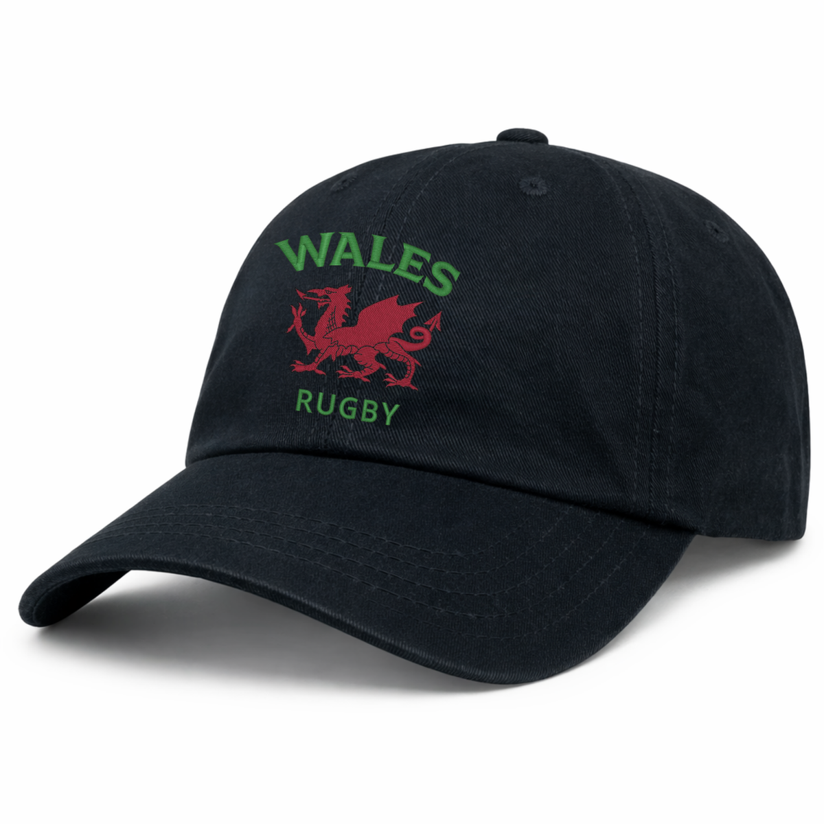 The EMB S&S Activewear Nations of Rugby Wales Dad Cap is a black cotton hat featuring “WALES RUGBY” and a red dragon logo embroidered on the front—an ideal addition to any Wales rugby cap collection.