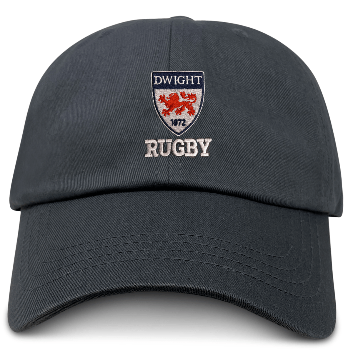 The Dwight Rugby Adult Low-Profile Cotton Twill Dad Cap by EMB S&S Activewear features a black twill build with an embroidered "Dwight 1872" patch, lion graphic, and bold "Rugby," highlighting classic team branding.
