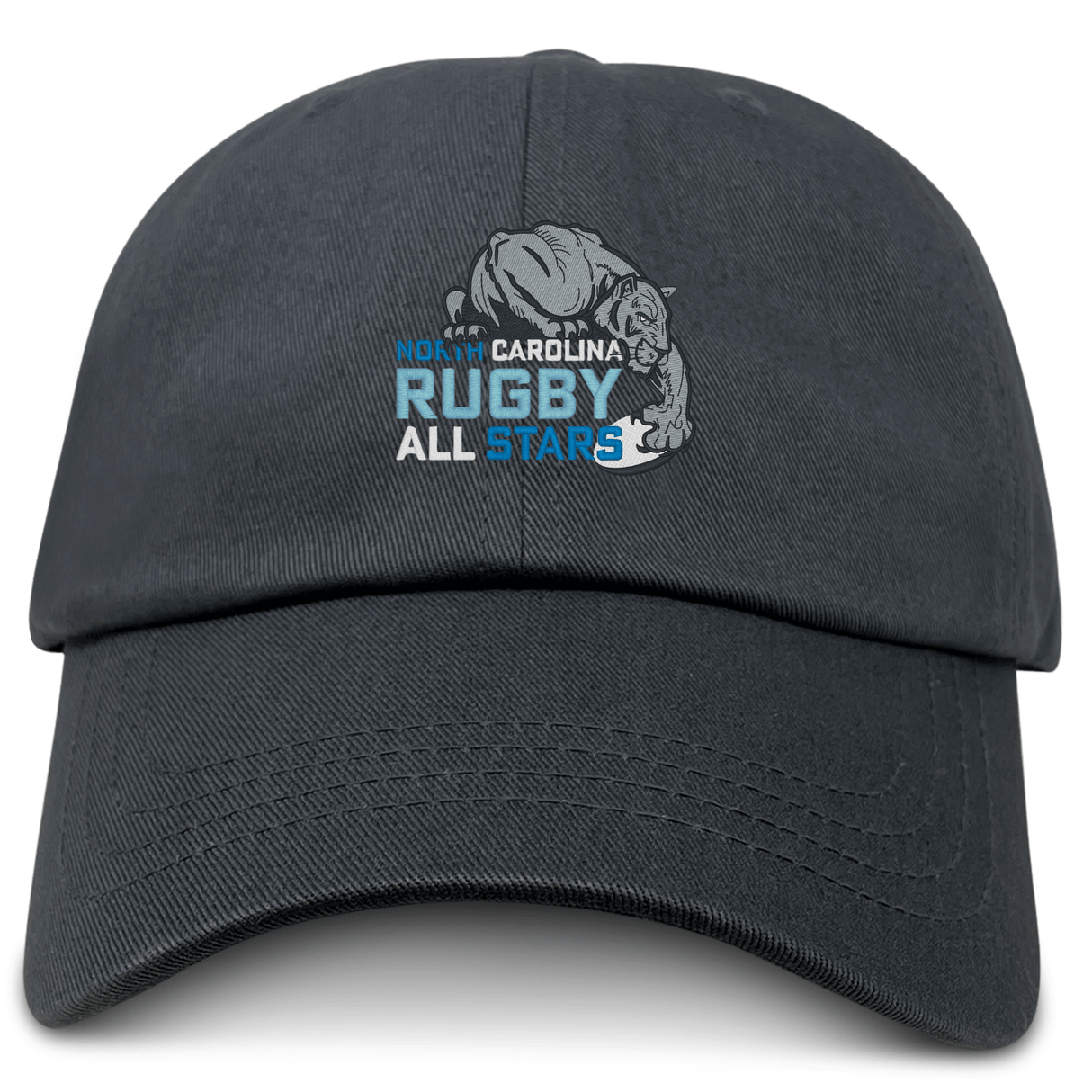 The EMB S&S Activewear NC All Stars Adult Low-Profile Cotton Twill Dad Cap features an embroidered rhinoceros and "North Carolina Rugby All Stars" text in blue, white, and gray.