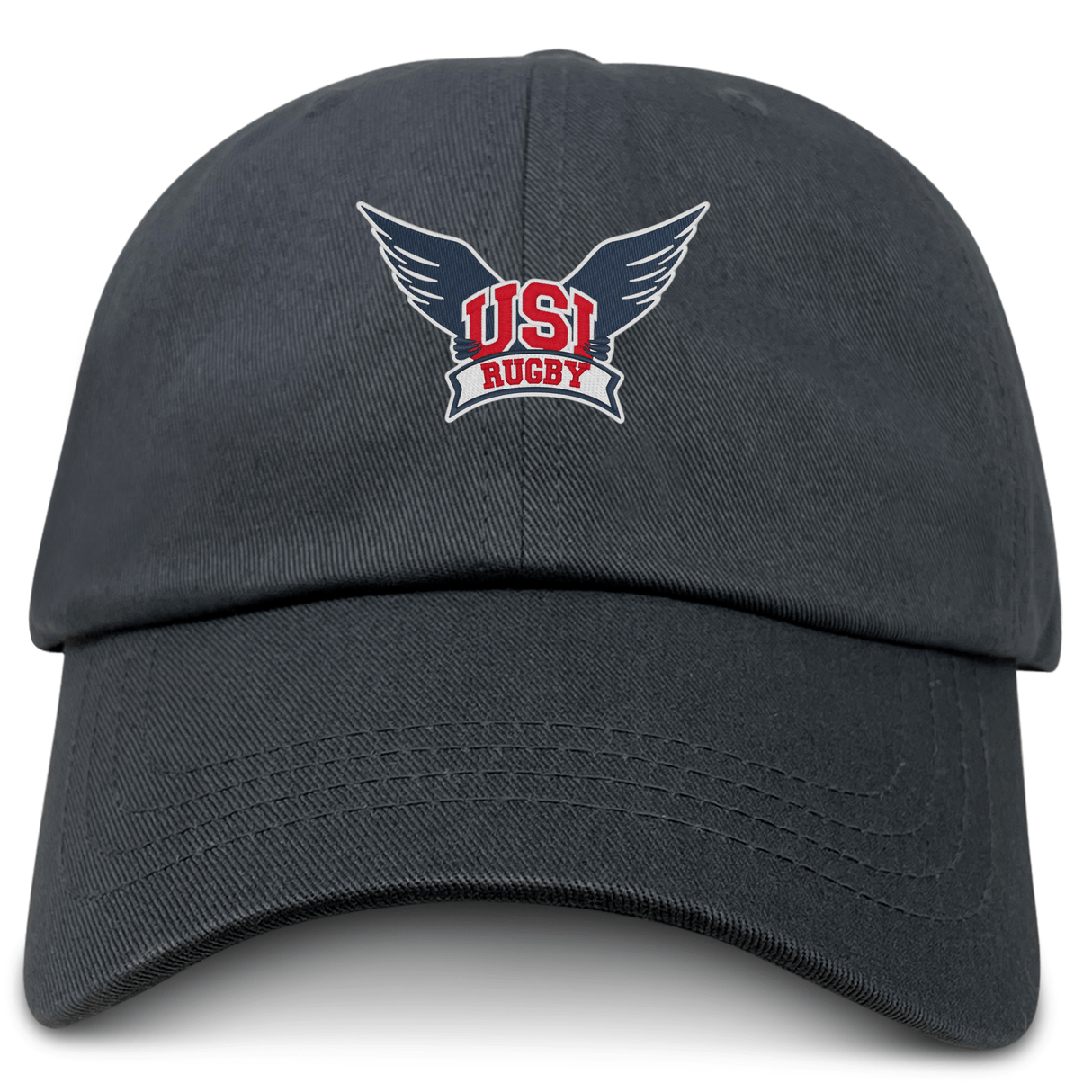 The University of Southern Indiana Adult Low-Profile Cotton Twill Dad Cap by EMB S&S Activewear is a black cap featuring embroidered "USI Rugby" team branding and wings on the front.