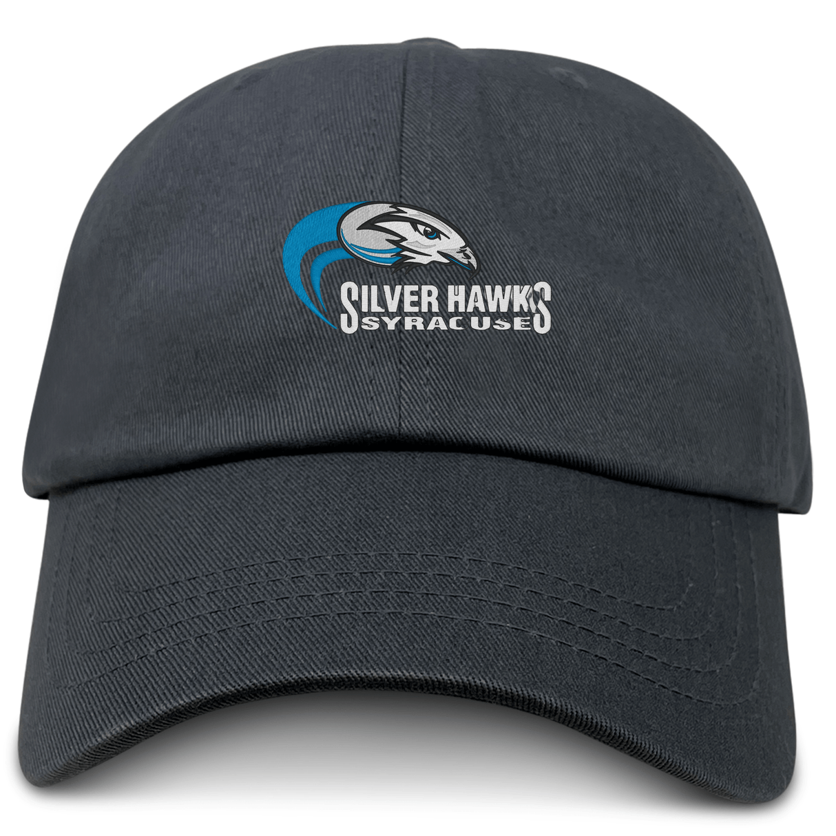 The EMB S&S Activewear Syracuse Silver Hawks Adult Low-Profile Cotton Twill Dad Cap features an embroidered blue, gray, and white hawk head logo above text on black cotton twill.