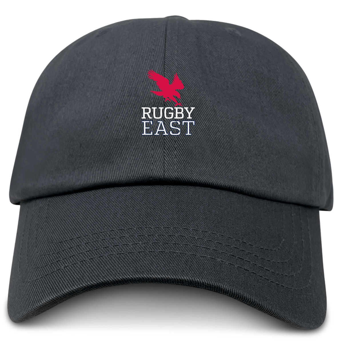 The Rugby East Conference Adult Low-Profile Cotton Twill Dad Cap by EMB S&S Activewear features a black cotton twill design with a red eagle logo above "RUGBY EAST" and white embroidered team branding on the front.