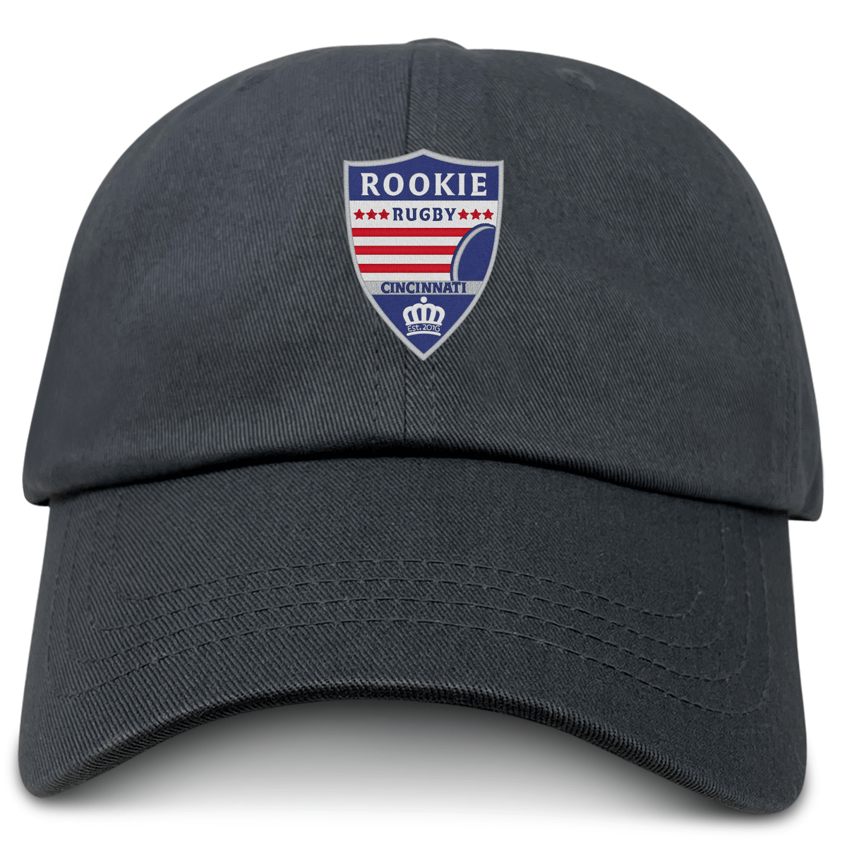 The EMB S&S Activewear Cincinnati Rookie Rugby Adult Low-Profile Cotton Twill Dad Cap is black with a red, white, and blue embroidered logo on the front.