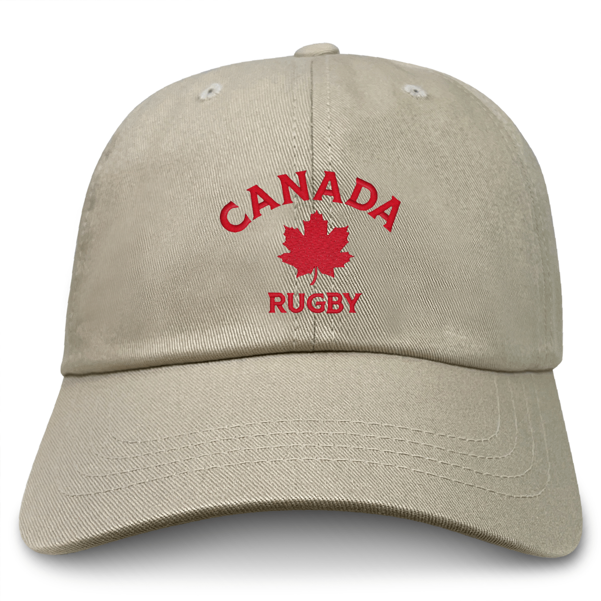 The EMB S&S Activewear Nations of Rugby Canada Rugby Dad Cap features red "CANADA RUGBY" embroidery with a maple leaf, making it the perfect addition to any rugby fan’s hat collection.