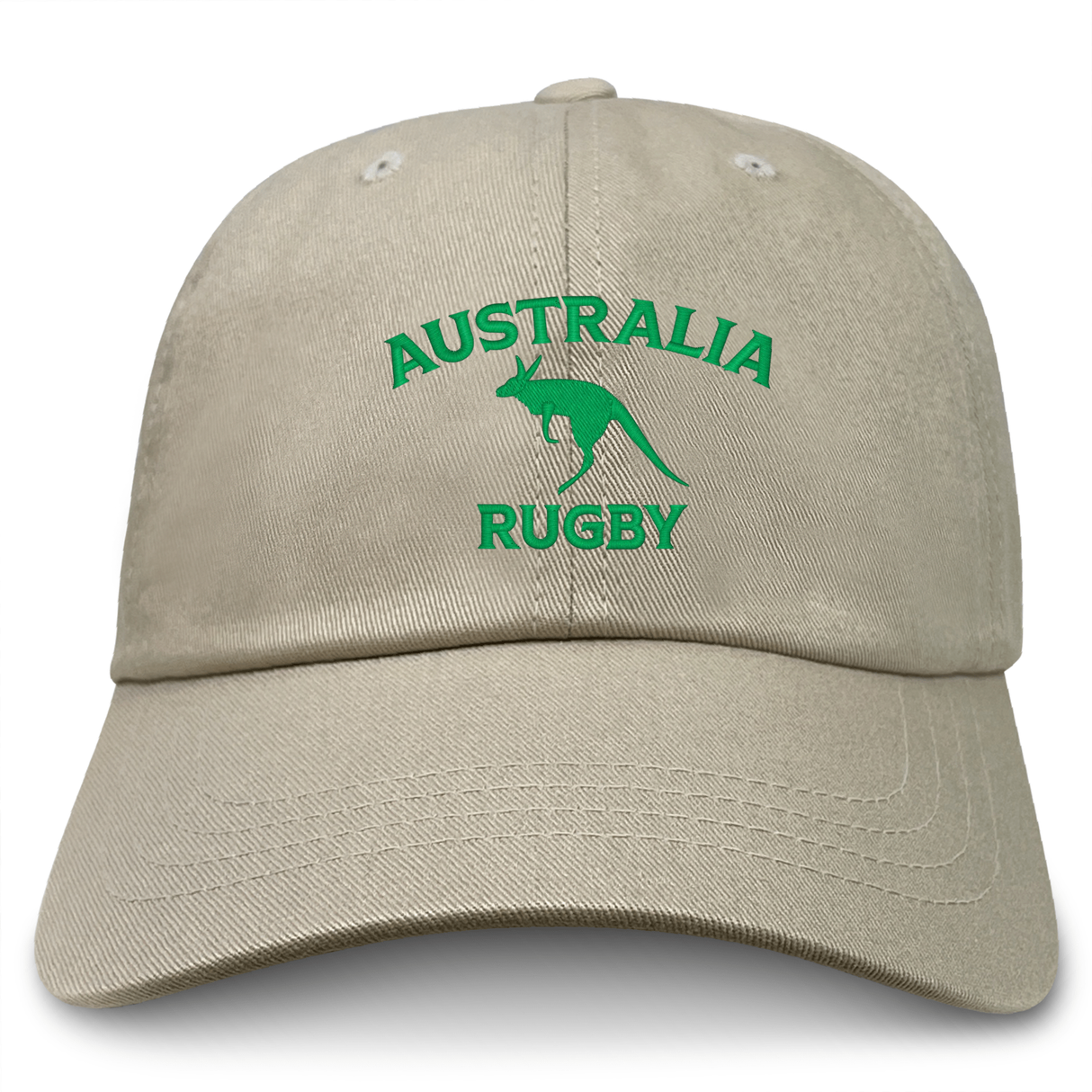 The Nations of Rugby Australia Dad Cap by EMB S&S Activewear features beige cotton twill, green "AUSTRALIA RUGBY" text, and an embroidered kangaroo graphic—a classic pick for Australia rugby fans.