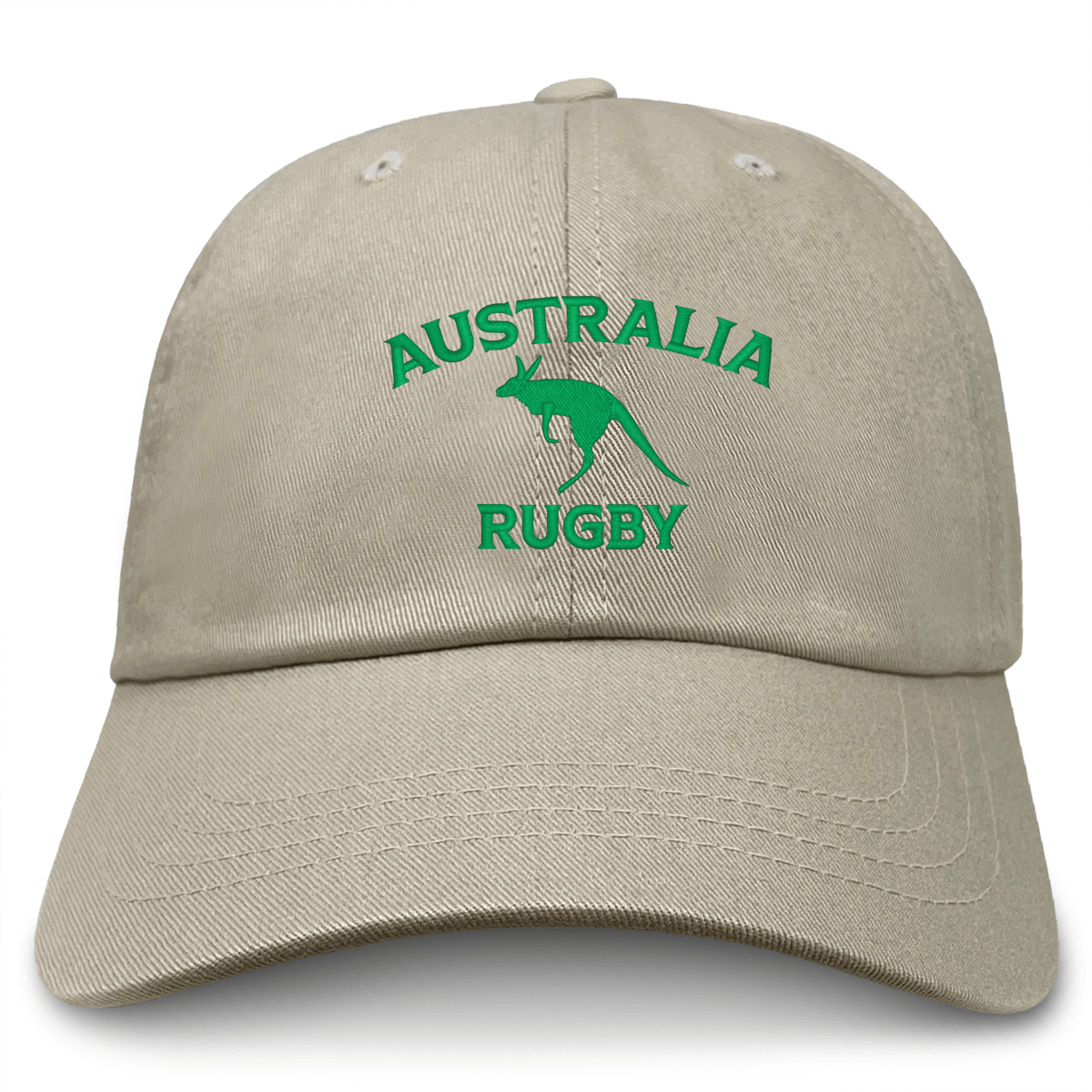 The Nations of Rugby Australia Dad Cap by EMB S&S Activewear features beige cotton twill, green "AUSTRALIA RUGBY" text, and an embroidered kangaroo graphic—a classic pick for Australia rugby fans.