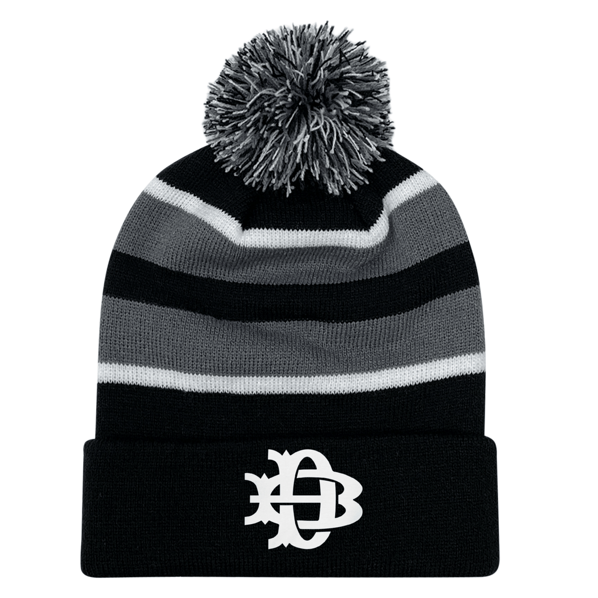 A Denver Barbarians Rugby Hooped Pom-Pom Beanie with an embroidered design from EMB Augusta.