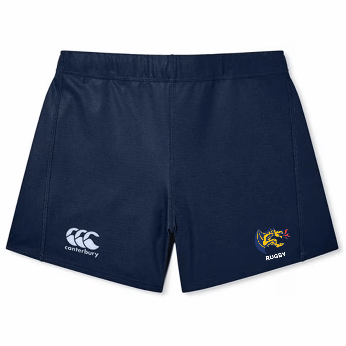 Navy blue Drexel Rugby Women's Yokohama shorts by EMB Canterbury, made with Vapodri fabric, feature a white Canterbury logo on the left and a colorful rugby logo on the right.