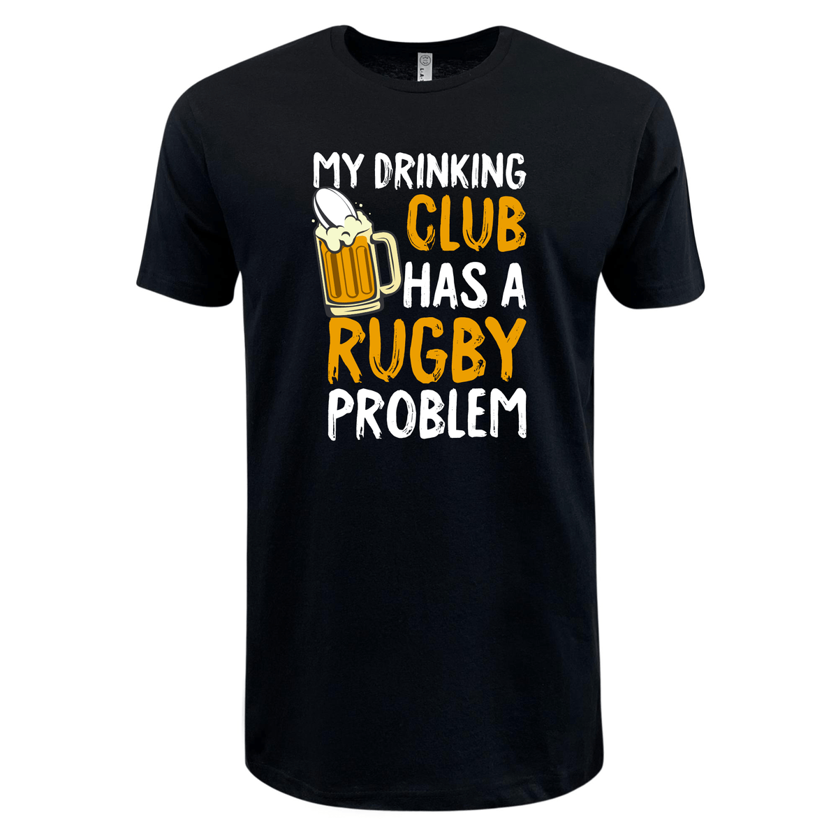 A supersoft black T-shirt featuring the text "My drinking club has a rugby problem" alongside an image of a foam-topped beer mug is the My Drinking Club Has A Rugby Problem Supersoft Tee - 99 Collection by WRS LAT.