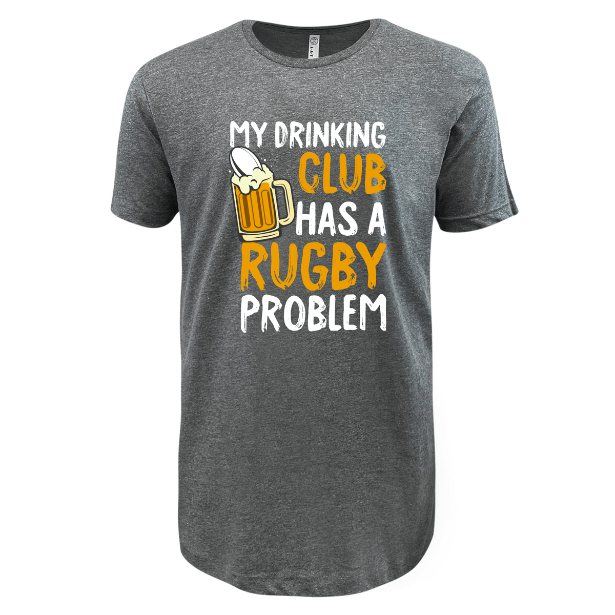 A **My Drinking Club Has A Rugby Problem Supersoft Tee - 99 Collection** in gray featuring the text "My drinking club has a rugby problem" alongside an image of a beer mug by **WRS LAT**.