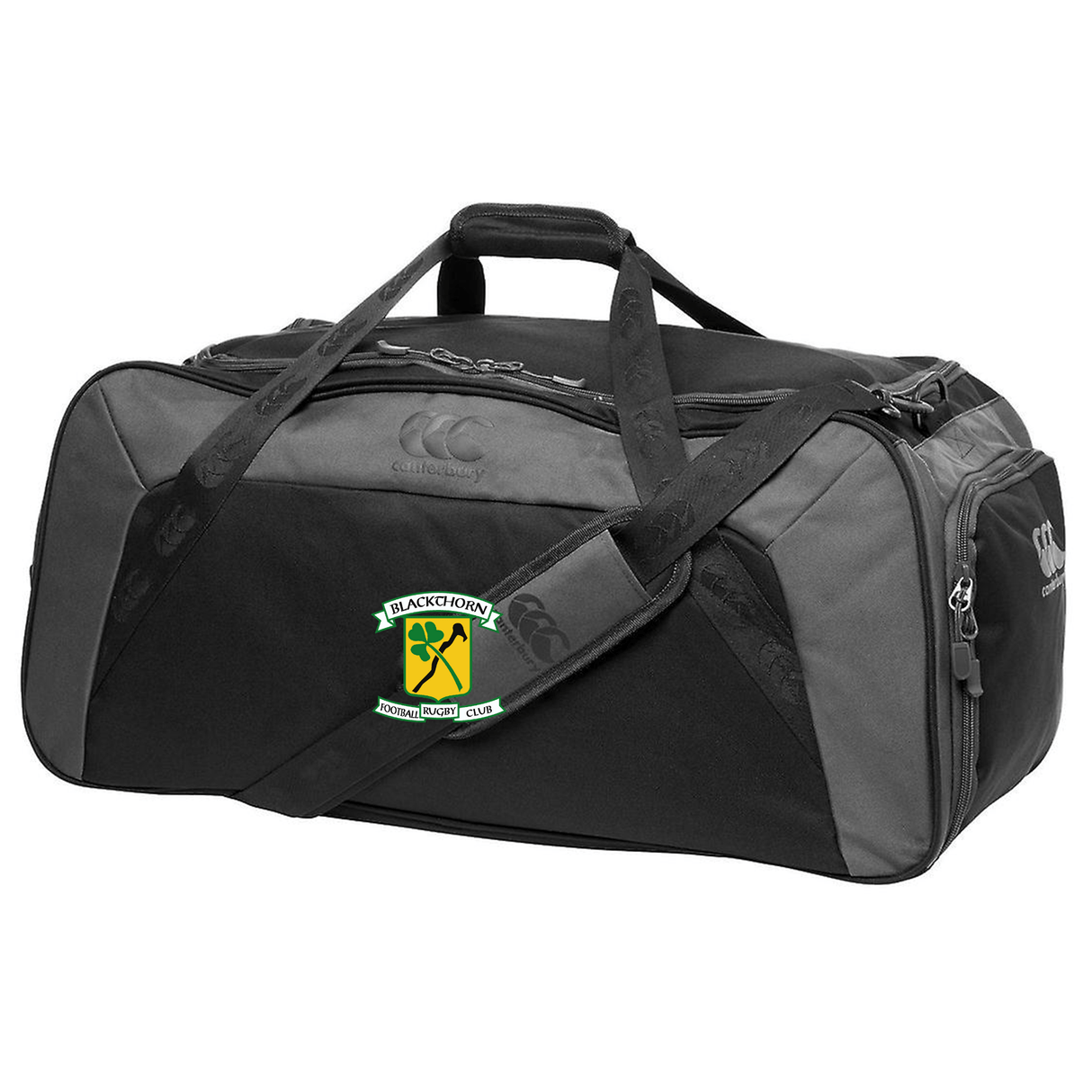 Black Blackthorn RFC Holdall Duffle Bag with shoulder strap and multiple compartments, featuring a green EMB Canterbury logo with a black and yellow toxic symbol on the side.