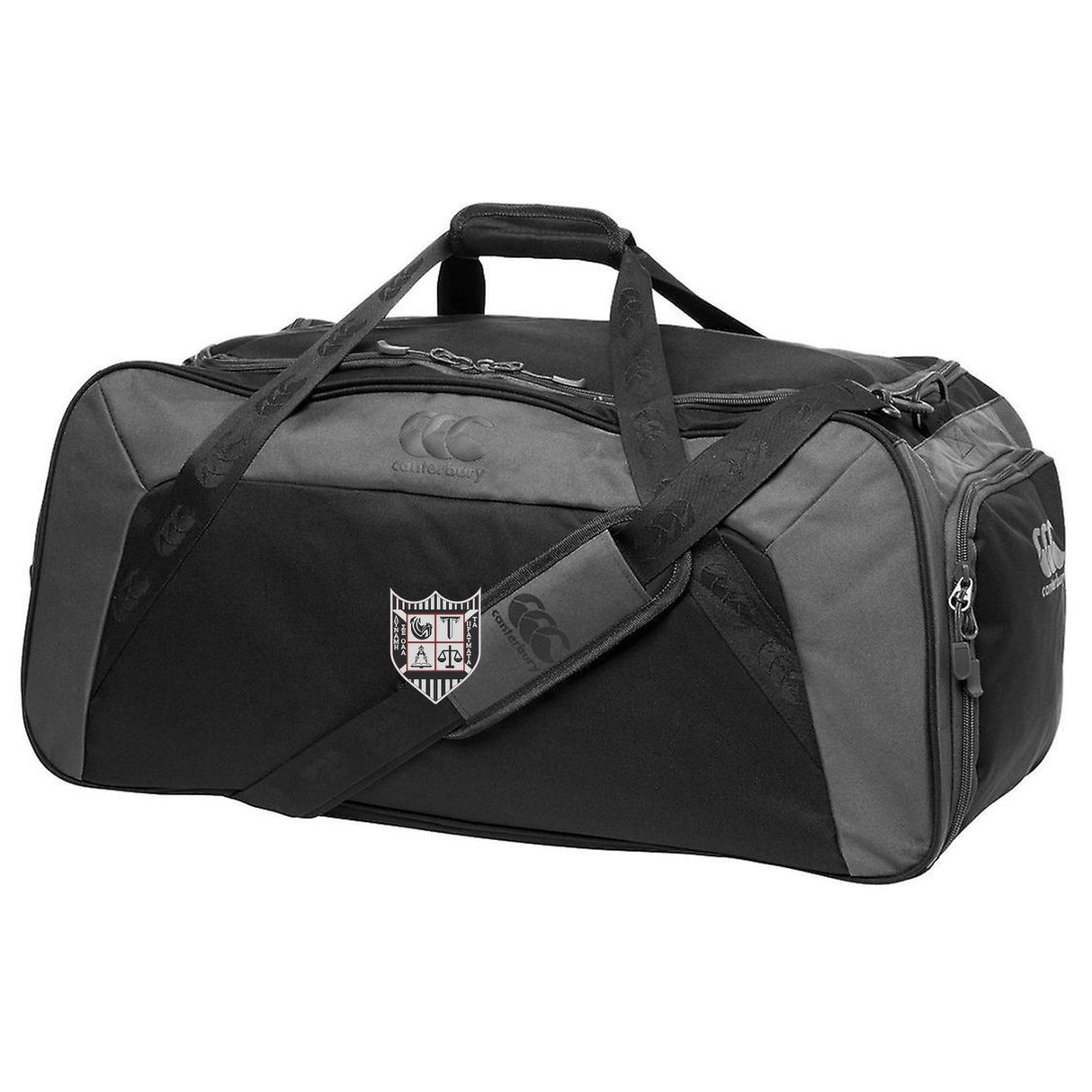 Black water repellent sports duffel bag with shoulder strap and multiple zippered compartments, featuring Troy University Rugby Holdall Duffle Bag by EMB Canterbury logo patches on the side.
