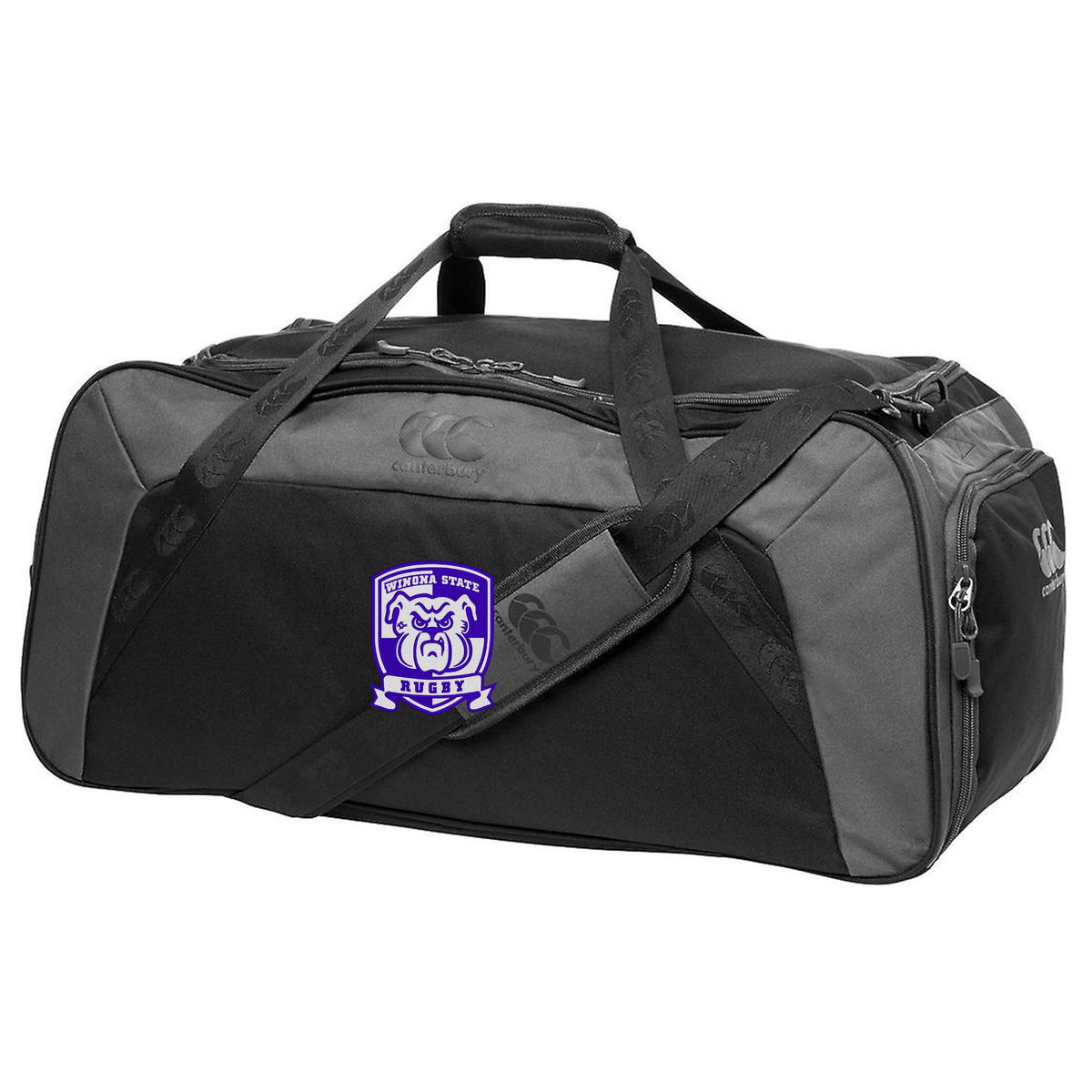 A black and gray Winona State University Holdall Duffle Bag by EMB Canterbury, featuring a purple and white crest with a bear and the words "Central State Rugby" on the side, comes with an adjustable shoulder strap for easy carrying. This water-repellent duffle bag is perfect for keeping your belongings dry on the go.