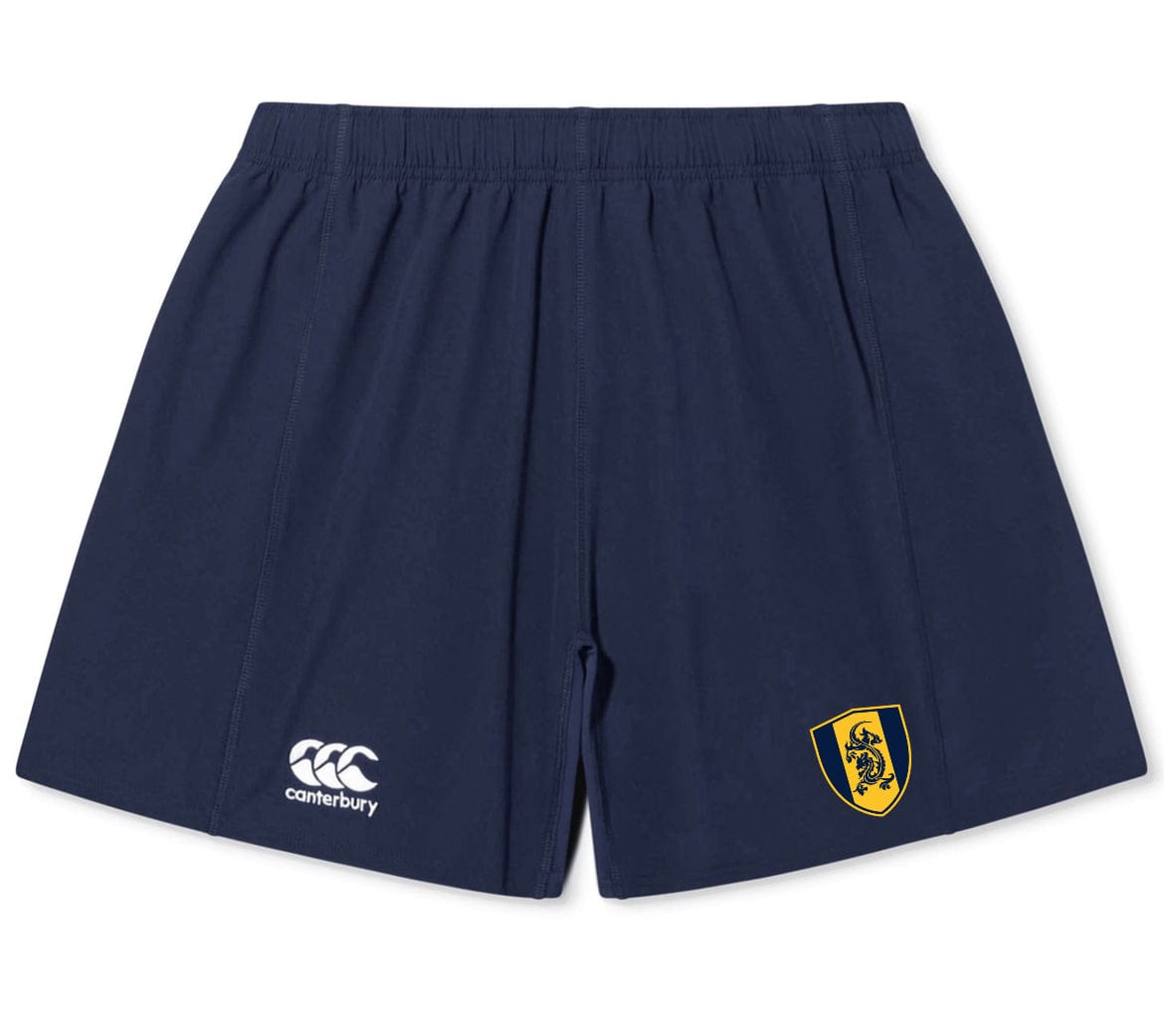 Navy blue athletic shorts featuring a logo with a yellow shield and black lion. These Gotham Knights Yokohama Shorts by Canterbury also showcase the EMB Canterbury brand logo, offering a gathered waistband and lightweight durable fabric for ultimate comfort and performance.