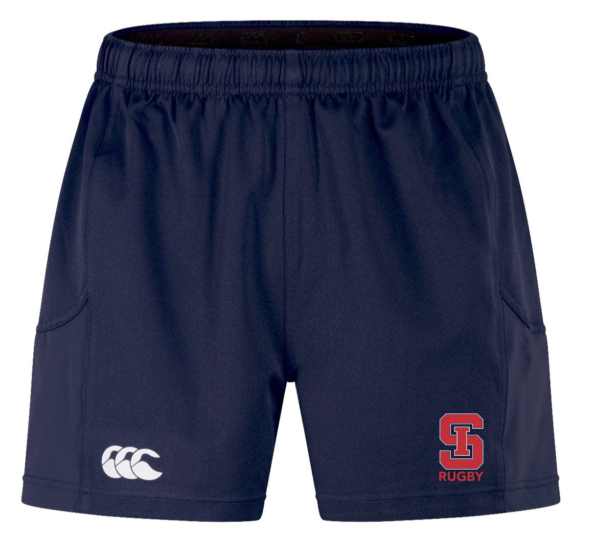 St. Ignatius Rugby Advantage Short 2.0 by Canterbury in navy blue, featuring an "S" logo and the word "Rugby" on the right leg, includes an elastic waistband for ultimate performance and proudly displays the Canterbury logo on the left leg, under the EMB Canterbury brand.