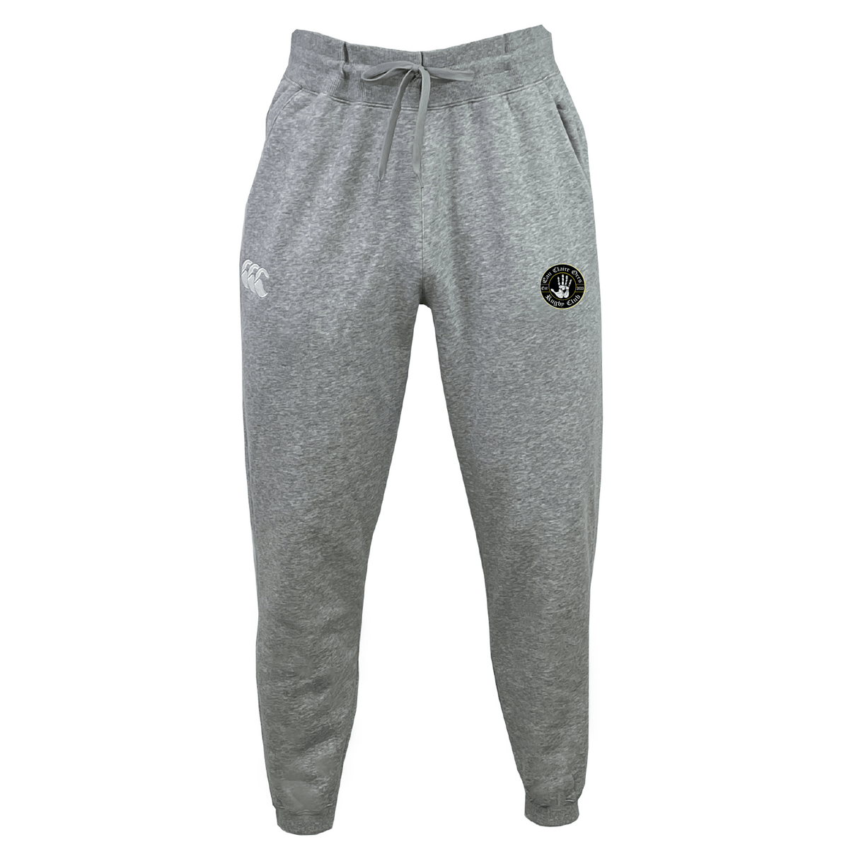 The Eau Claire Orcs Leisure Sweatpant by EMB Canterbury is designed in cozy gray sustainable fabric, featuring a drawstring waist and embellished with a black circular logo on the right side and a white one on the left.