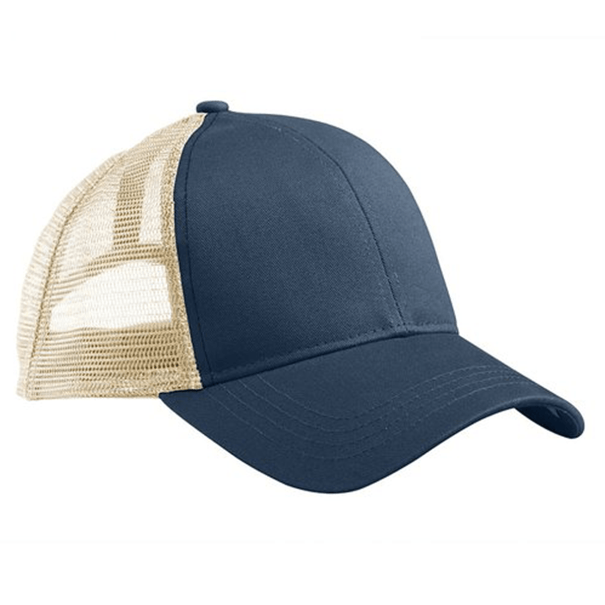 The S&S Activewear Eco Trucker Hat features a navy blue and beige design with a solid front panel, curved brim, and recycled polyester mesh back panels.
