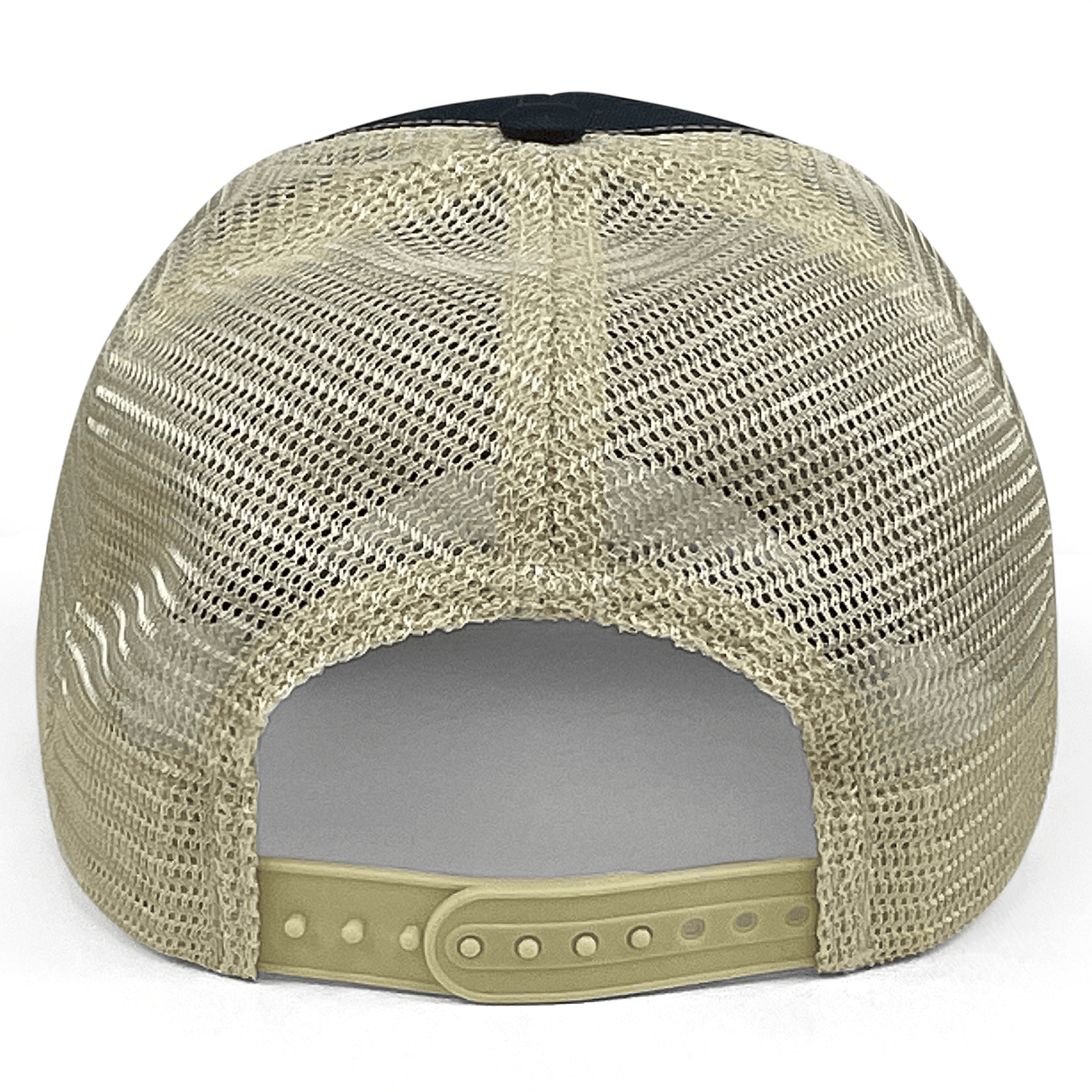 The USA Wheelchair Rugby Eco Trucker Cap by EMB S&S Activewear is shown from the rear, displaying its beige color, breathable mesh back, and adjustable plastic snap closure.