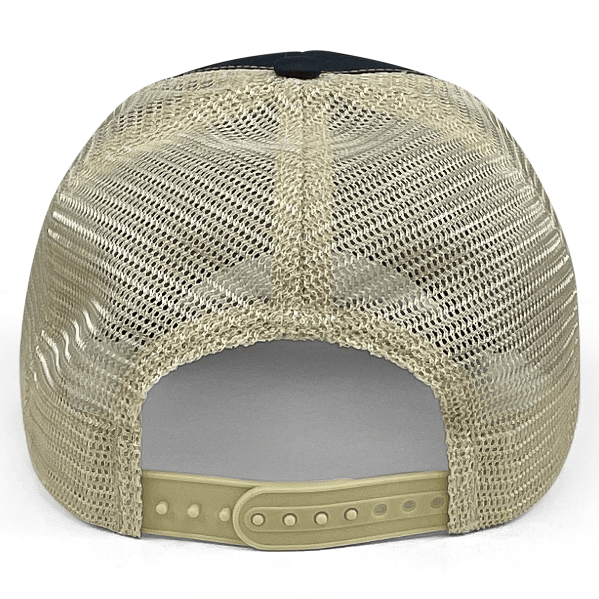 The EMB S&S Activewear USA Rugby Eco Trucker Cap, shown from the rear, features a beige mesh back with an adjustable snapback closure—a classic style for USA Rugby fans.