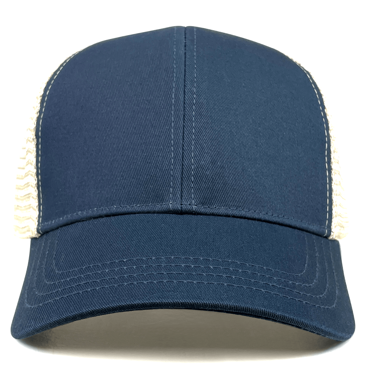 The Eco Trucker Hat by S&S Activewear features a curved brim, beige mesh panels, and is made from recycled polyester for a sustainable style. Navy blue color.