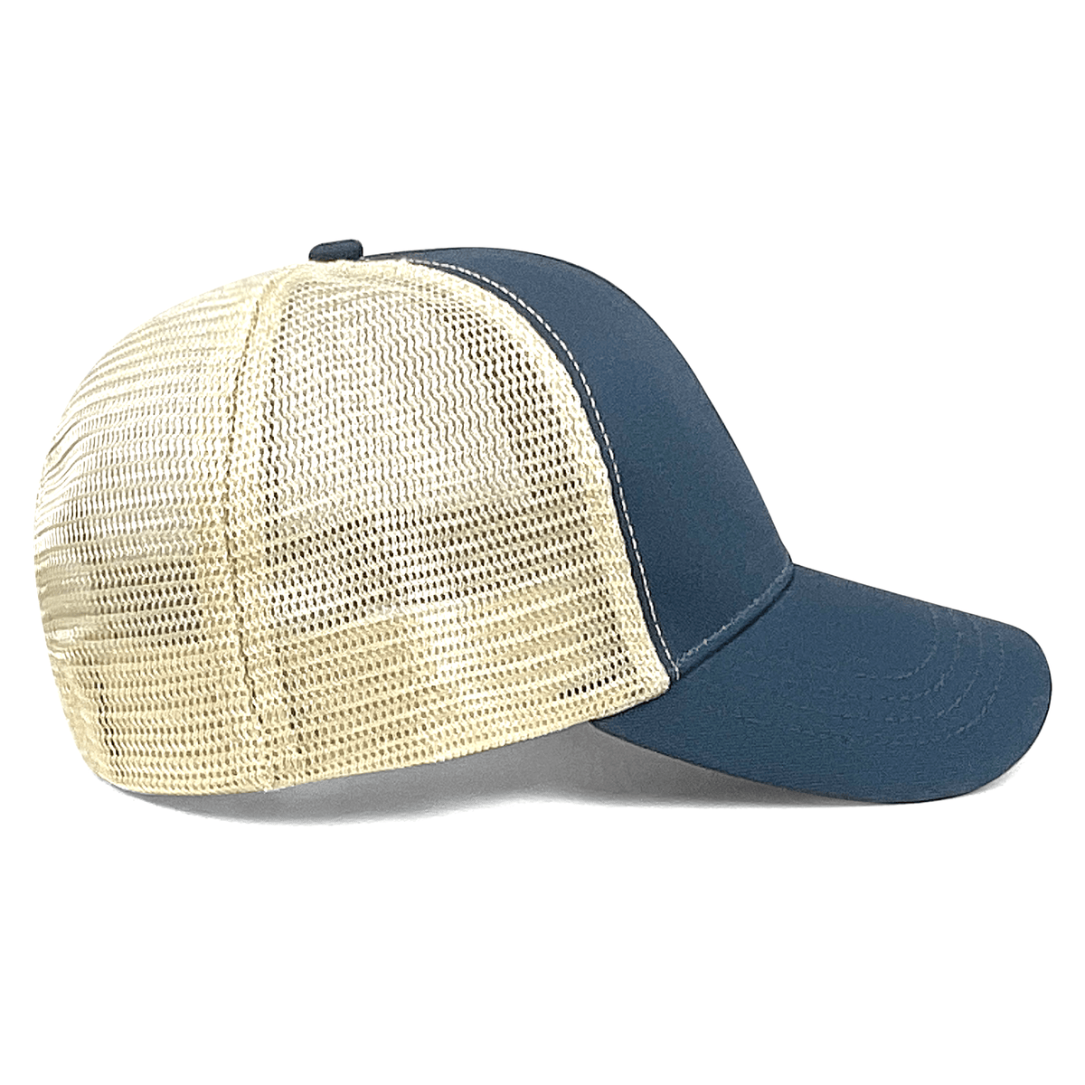 The USA Rugby Eco Trucker Cap by EMB S&S Activewear is a blue and beige cap with a curved brim, ventilated back, and eco-friendly design—ideal for USA Rugby fans.