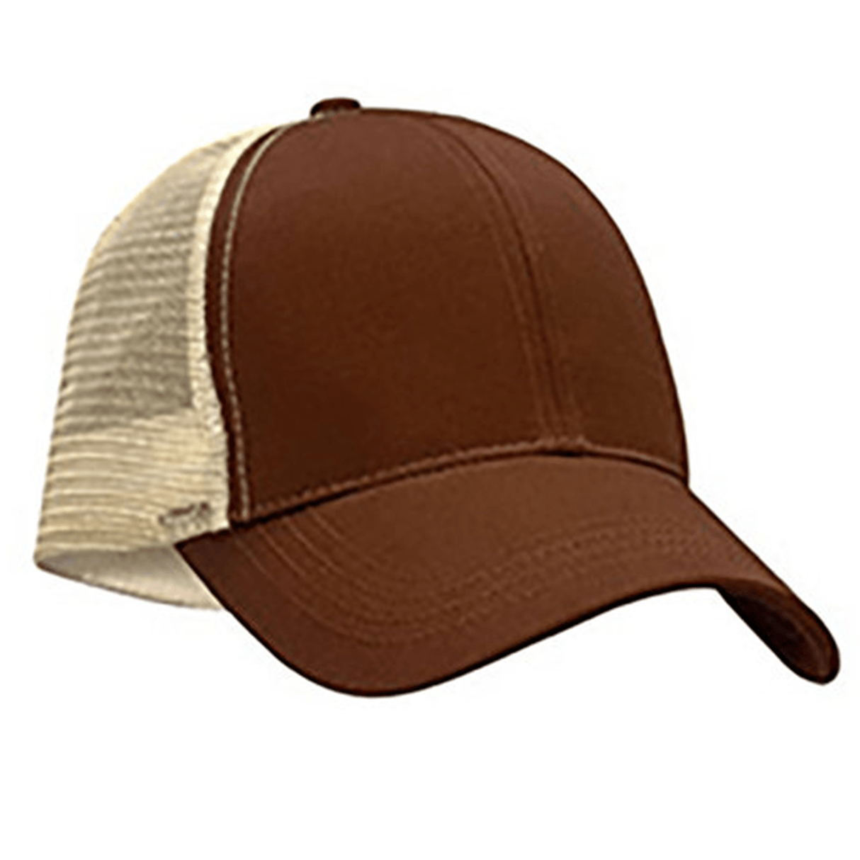 The S&S Activewear Eco Trucker Hat features a brown organic cotton front, a curved brim, and beige mesh back panels made from recycled polyester.