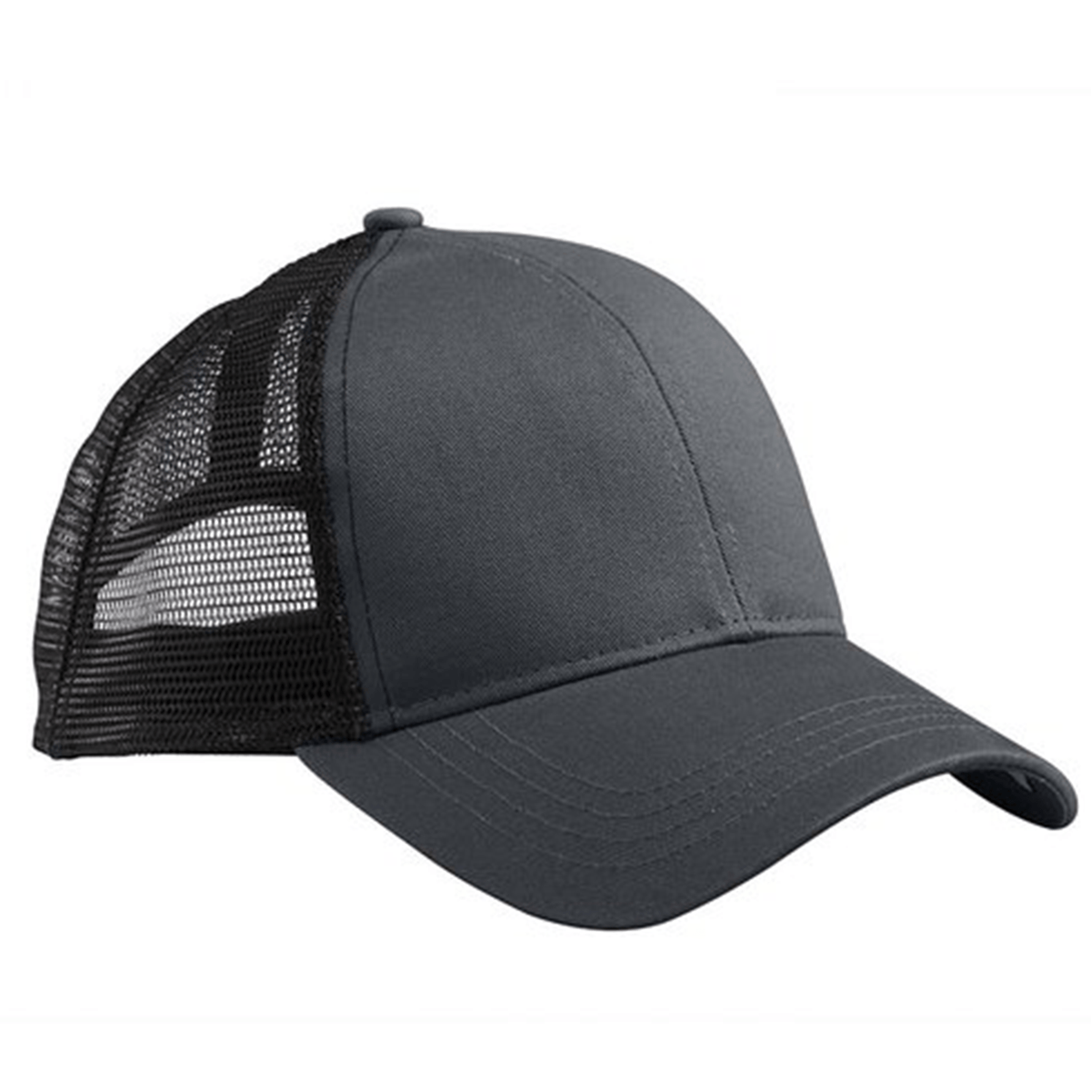The S&S Activewear Eco Trucker Hat in dark gray features a black mesh back and curved bill, made with recycled polyester and displayed against a white background.