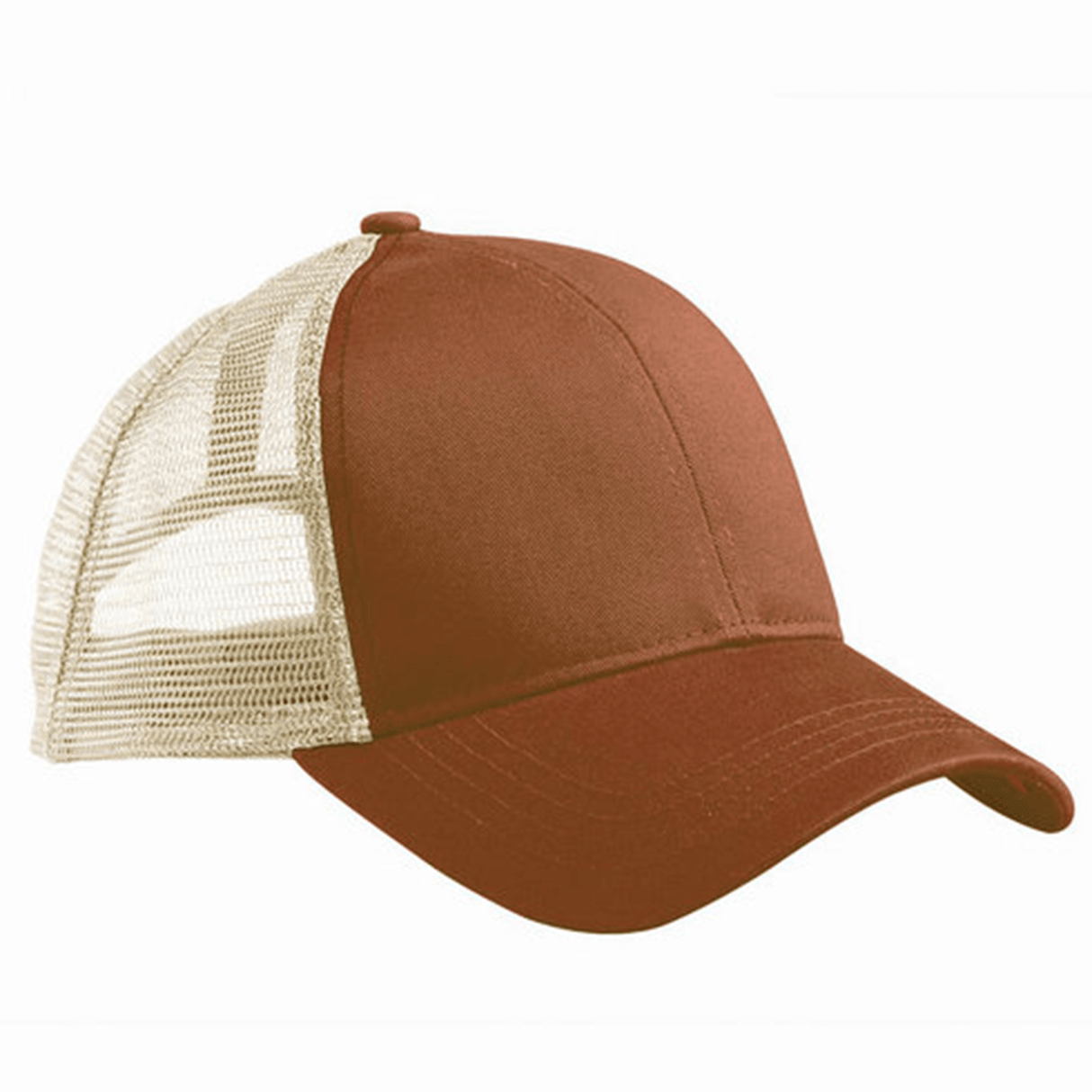 The S&S Activewear Eco Trucker Hat features a brown and beige design, curved brim, mesh back panels, and is made from recycled polyester, shown on a plain white background.