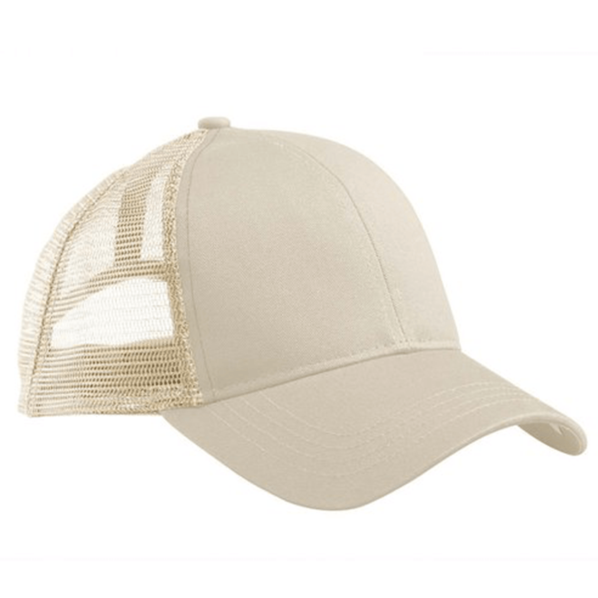 The S&S Activewear Eco Trucker Hat features a beige color, organic cotton construction, a curved bill, and mesh back panels.