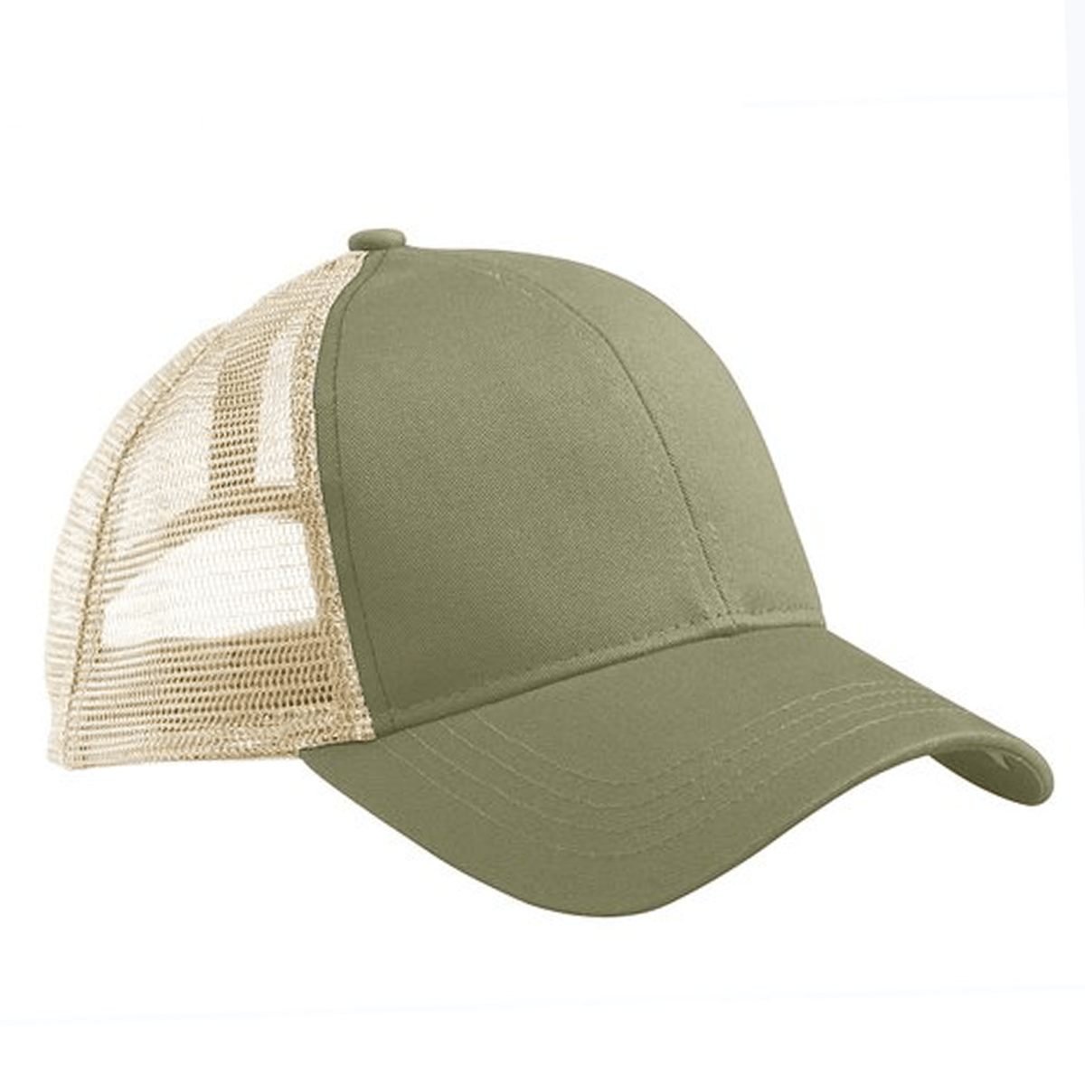 The S&S Activewear Eco Trucker Hat features a khaki solid organic cotton front, beige mesh back, and is shown on a white background.