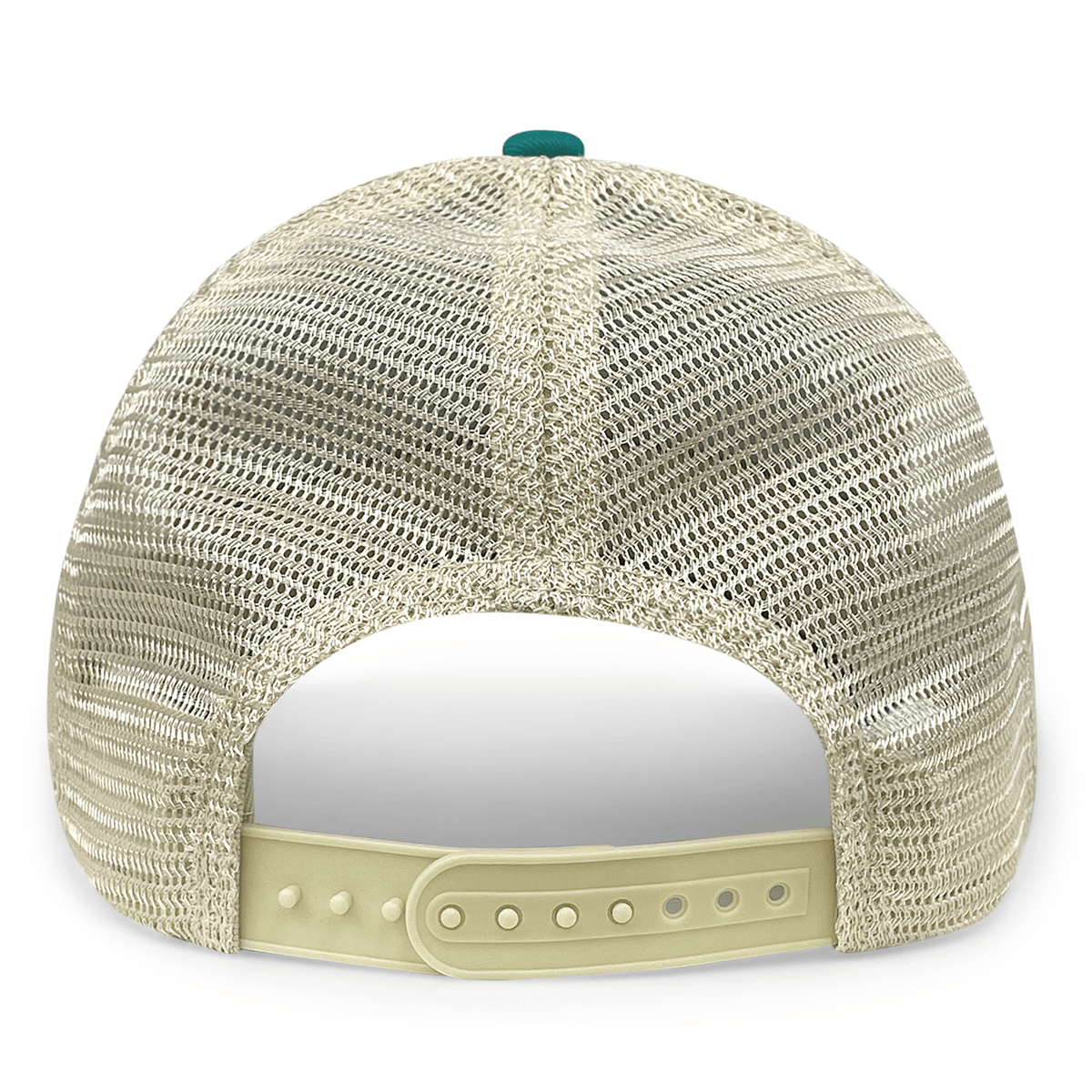 Beige S&S Activewear Eco Trucker Hat shown from the back, with an adjustable plastic snap closure and made from recycled polyester mesh.