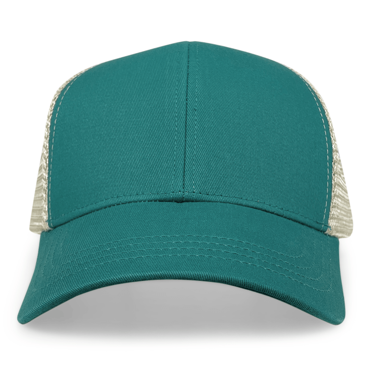 The S&S Activewear Eco Trucker Hat features a teal solid front panel made from recycled polyester and organic cotton, with beige mesh back panels, shown from the front.