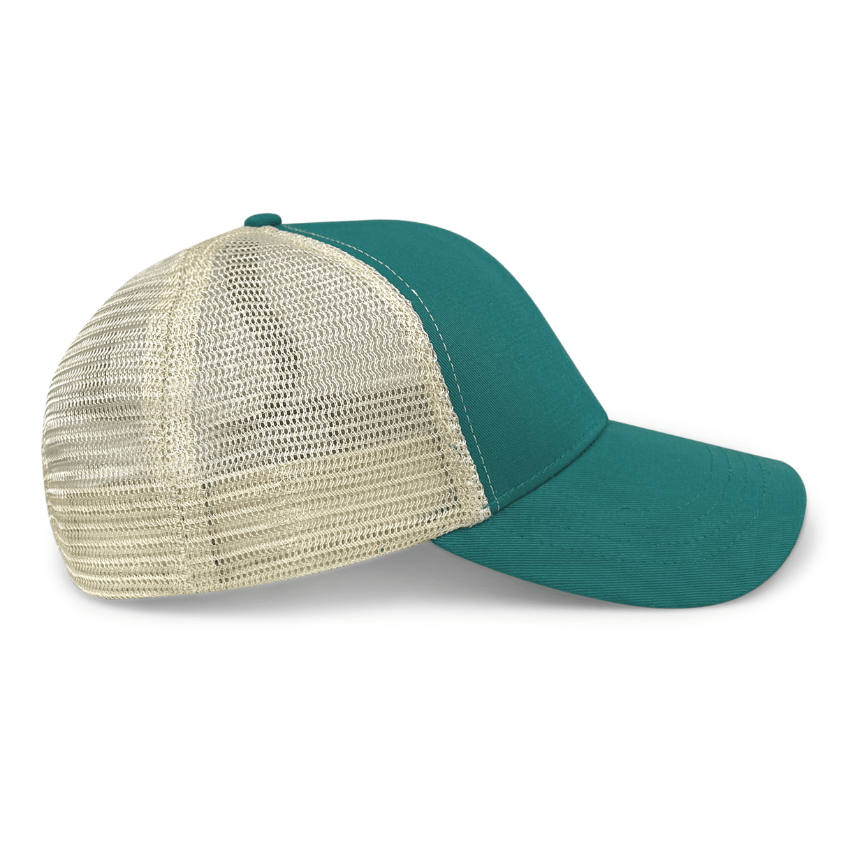 The S&S Activewear Eco Trucker Hat features a solid teal organic cotton and recycled polyester front/bill, with a beige mesh back panel, shown in side view.