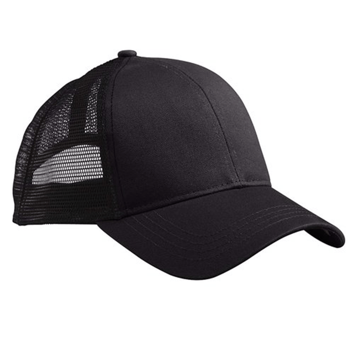 The S&S Activewear Eco Trucker Hat is black with a curved brim and mesh back panels, made from organic cotton and recycled polyester. Shown on a plain white background.