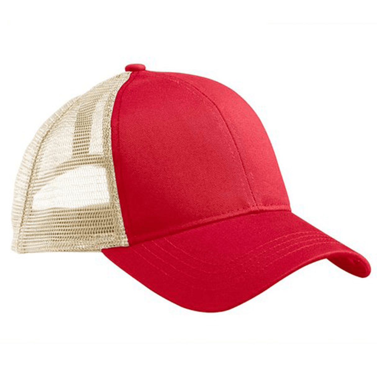 The S&S Activewear Eco Trucker Hat features a red front, beige mesh back, recycled polyester and organic cotton blend, plus an adjustable strap for a perfect fit.