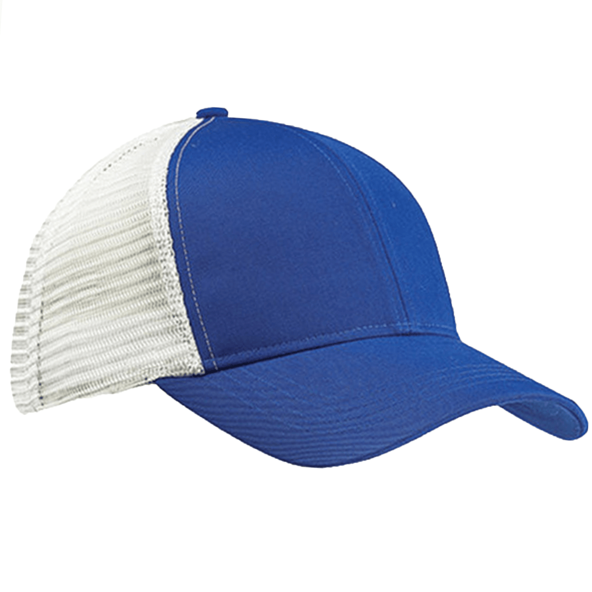 The S&S Activewear Eco Trucker Hat features a blue front, white mesh back panel, curved brim, and is made from recycled polyester for sustainable style.