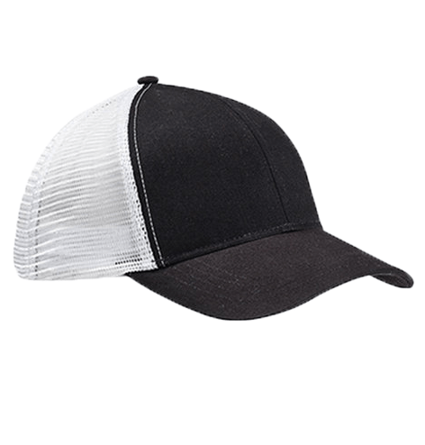 The Eco Trucker Hat by S&S Activewear features a black organic cotton front and bill with a white recycled polyester mesh back.