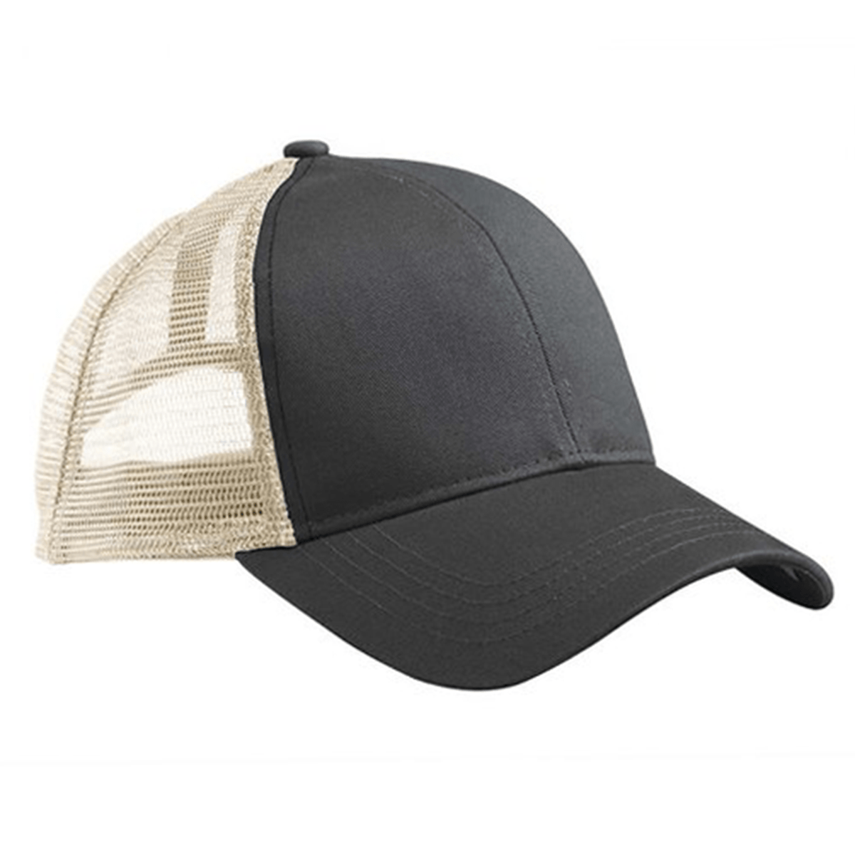 The S&S Activewear Eco Trucker Hat features solid black front panels, a curved bill, and beige mesh back panels for breathable comfort, crafted from organic cotton and recycled polyester.