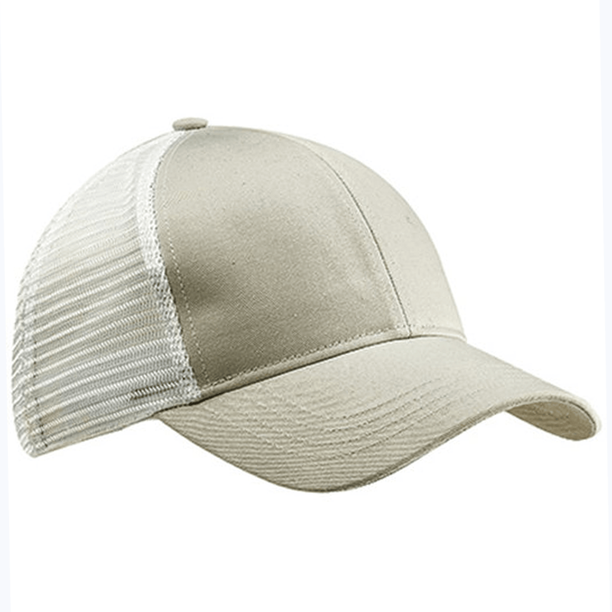 The S&S Activewear Eco Trucker Hat features a beige and white design with a curved brim and mesh back panels, crafted from recycled polyester for sustainable style.