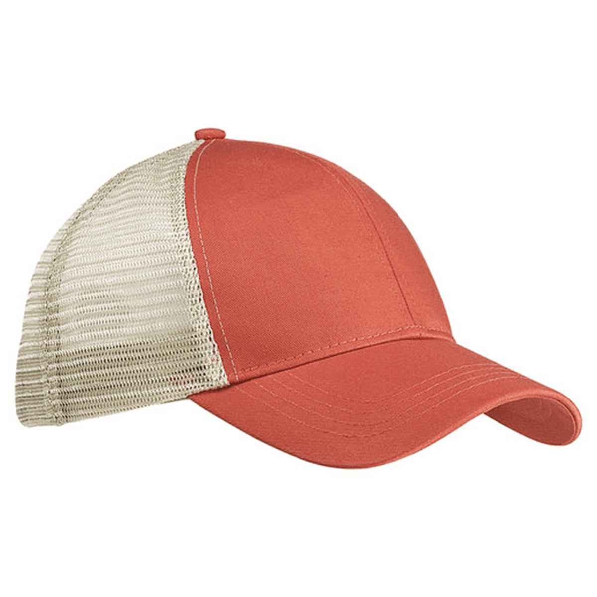The S&S Activewear Eco Trucker Hat is red with a beige mesh back, made from recycled polyester, and includes an adjustable strap.