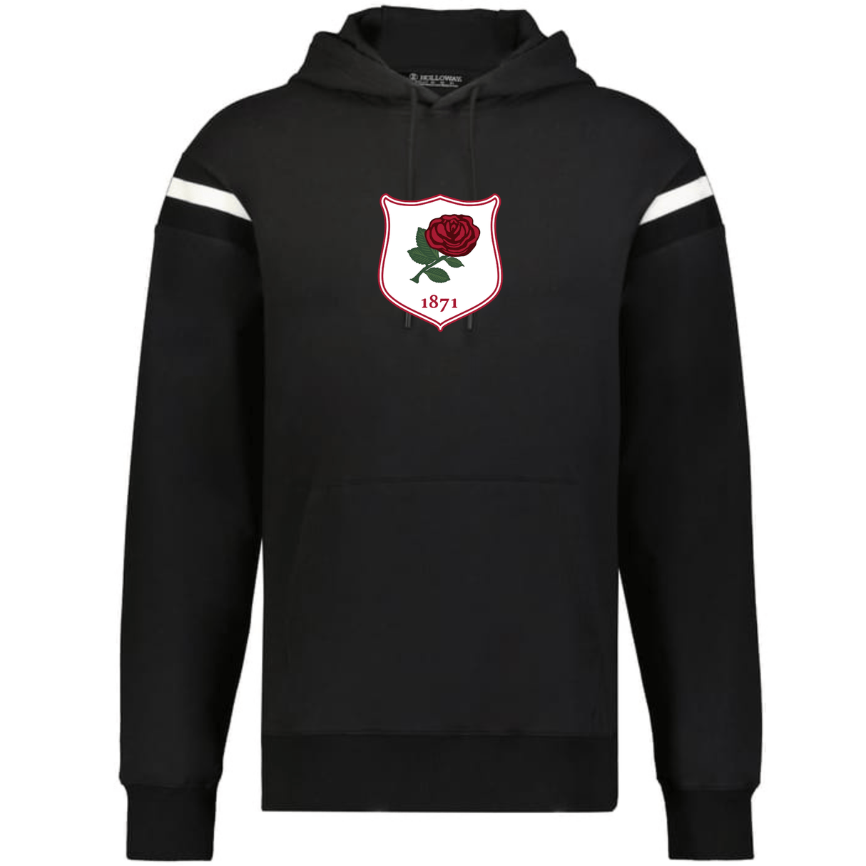 Showcase classic style with the WRS Augusta England Heritage Prep Vintage Shield Hoodie—this black hoodie features white stripes on the upper sleeves and a vintage shield crest with a red rose and bold "1871" detailing.